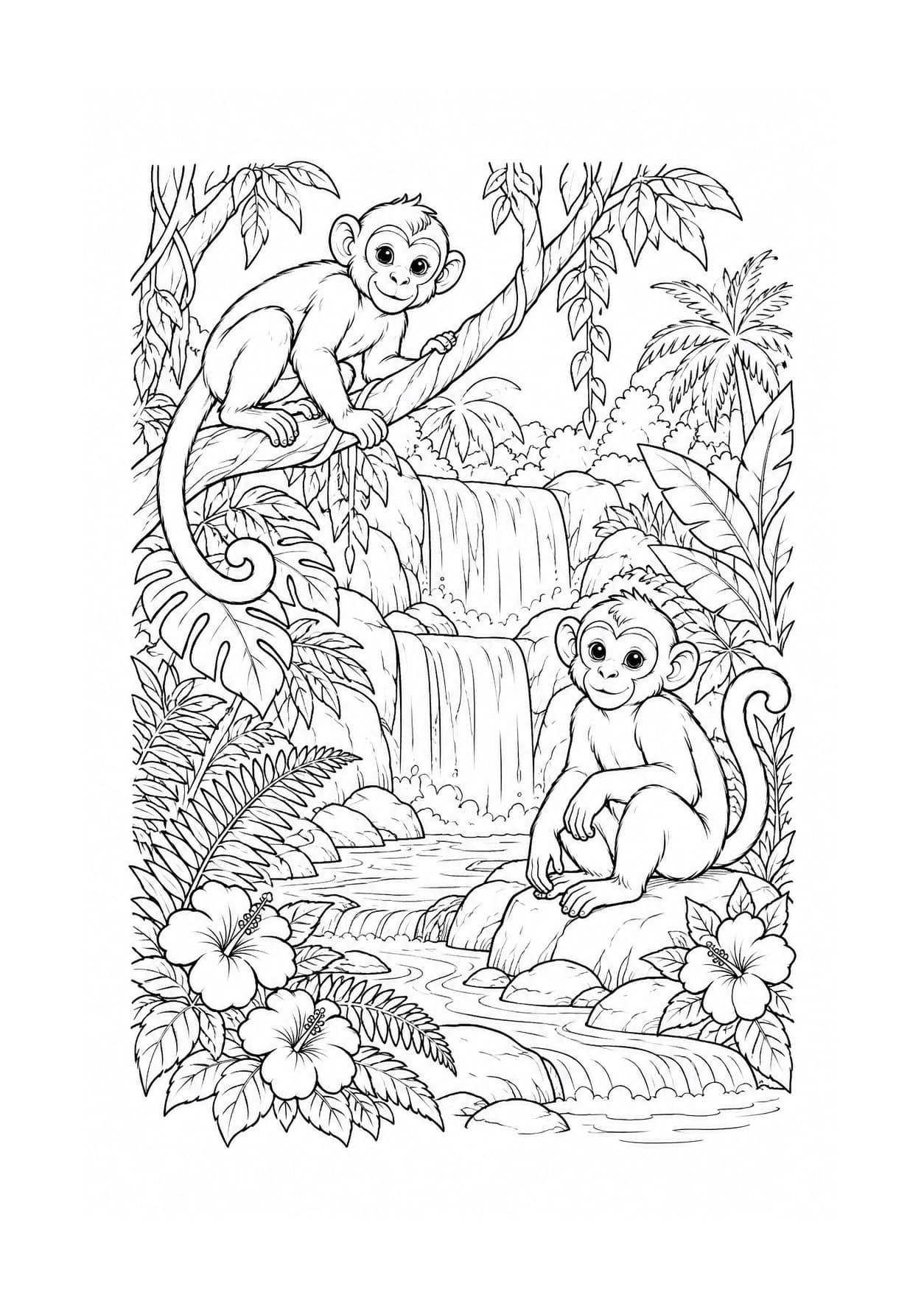 Detailed monkey coloring page of monkeys beside a jungle waterfall