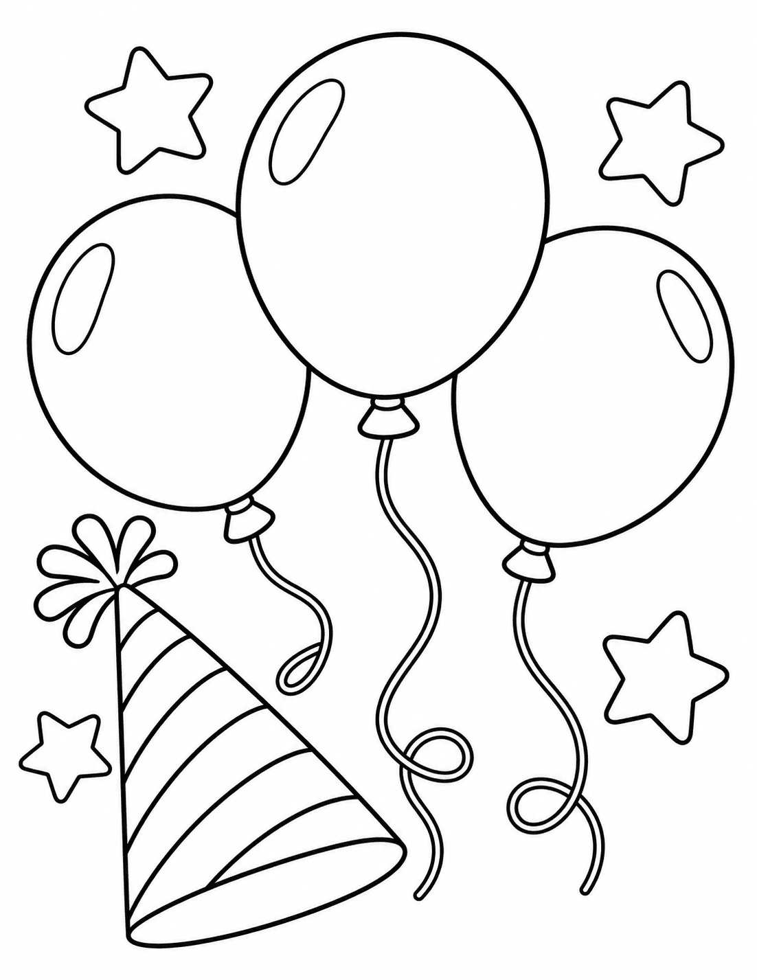 Easy New Year coloring page of large balloons, a party hat and star-shaped confetti