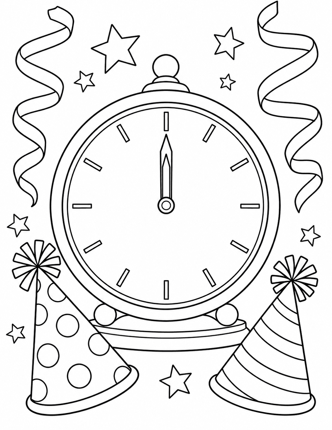 New Year coloring page of a clock striking midnight with streamers and party decorations