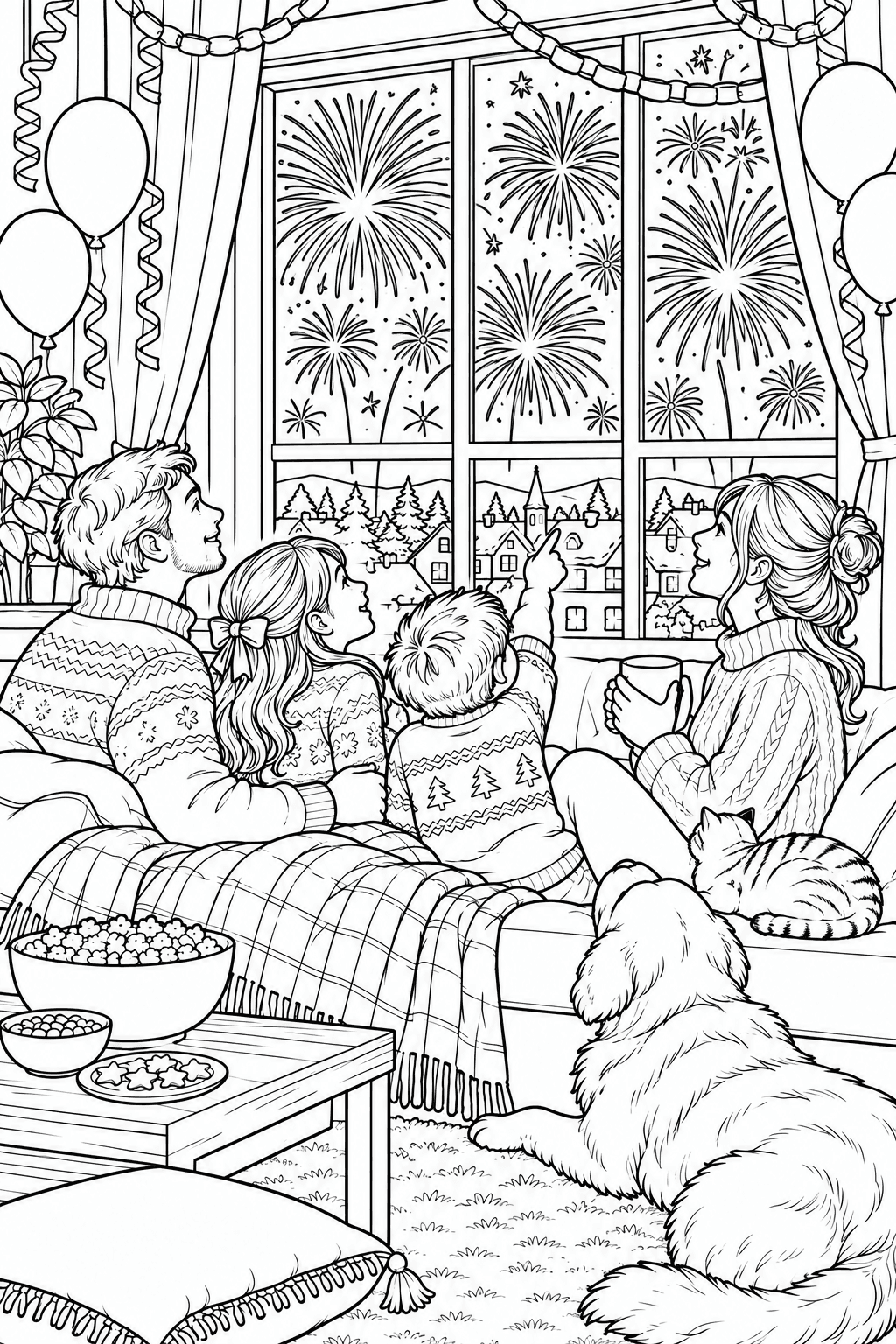 Detailed New Year’s Eve coloring page of a family watching fireworks through a window