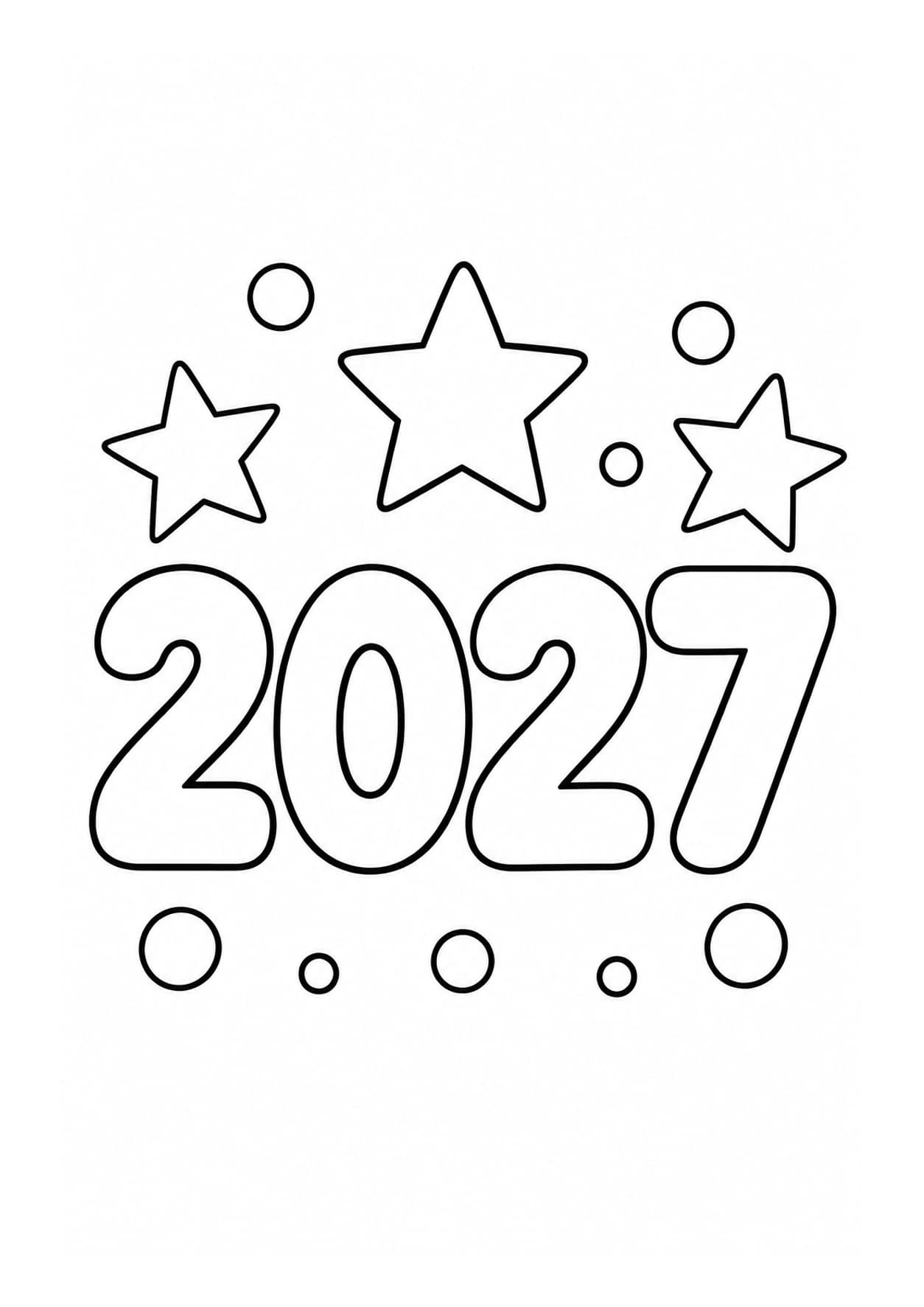 Easy New Year 2027 coloring page with large bubble numbers and stars