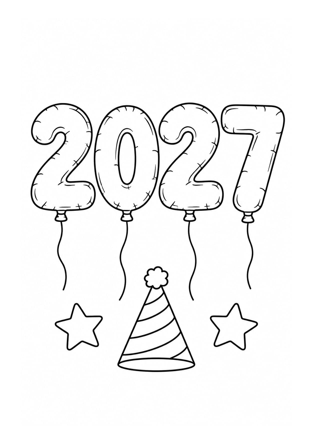 Easy New Year 2027 coloring page of four number balloons and a party hat