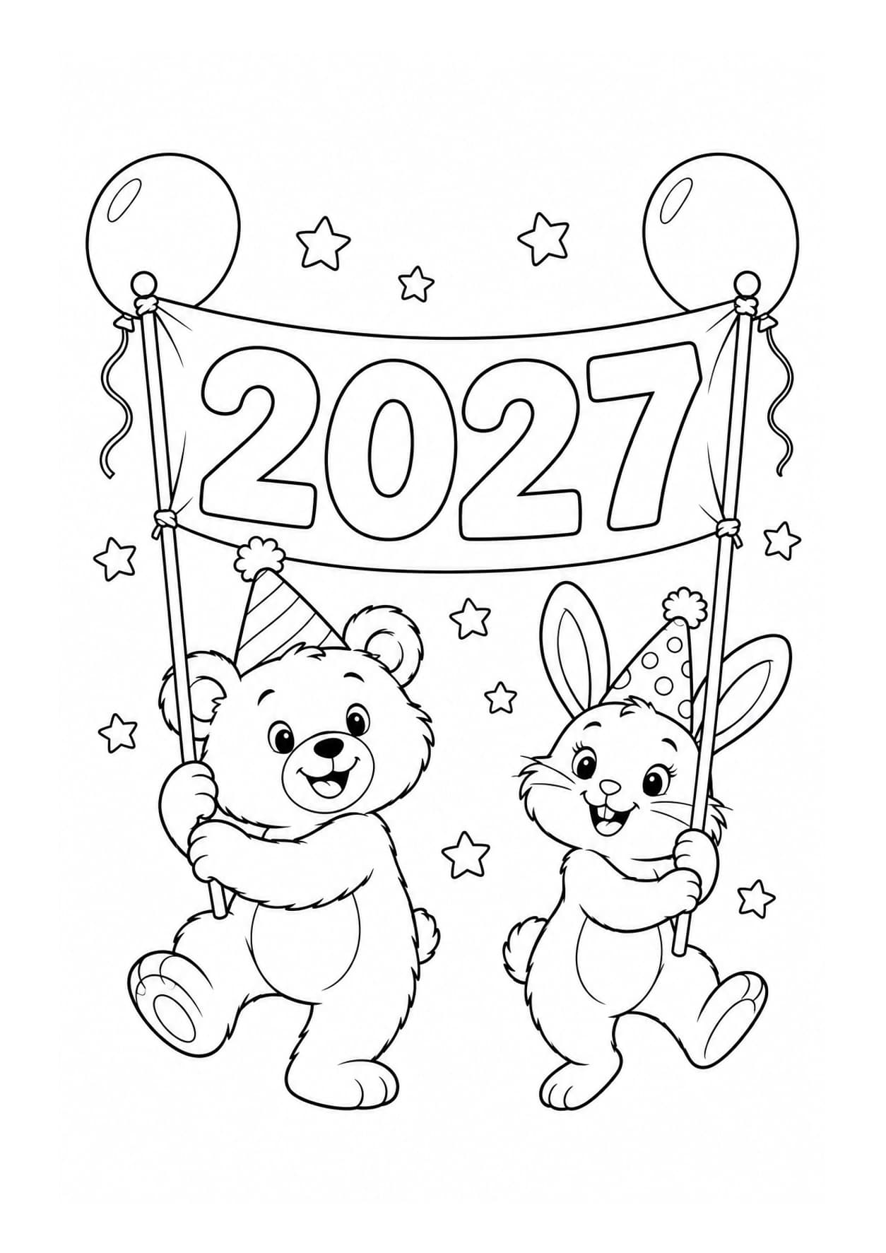 New Year 2027 coloring page of a bear and rabbit holding a celebration banner