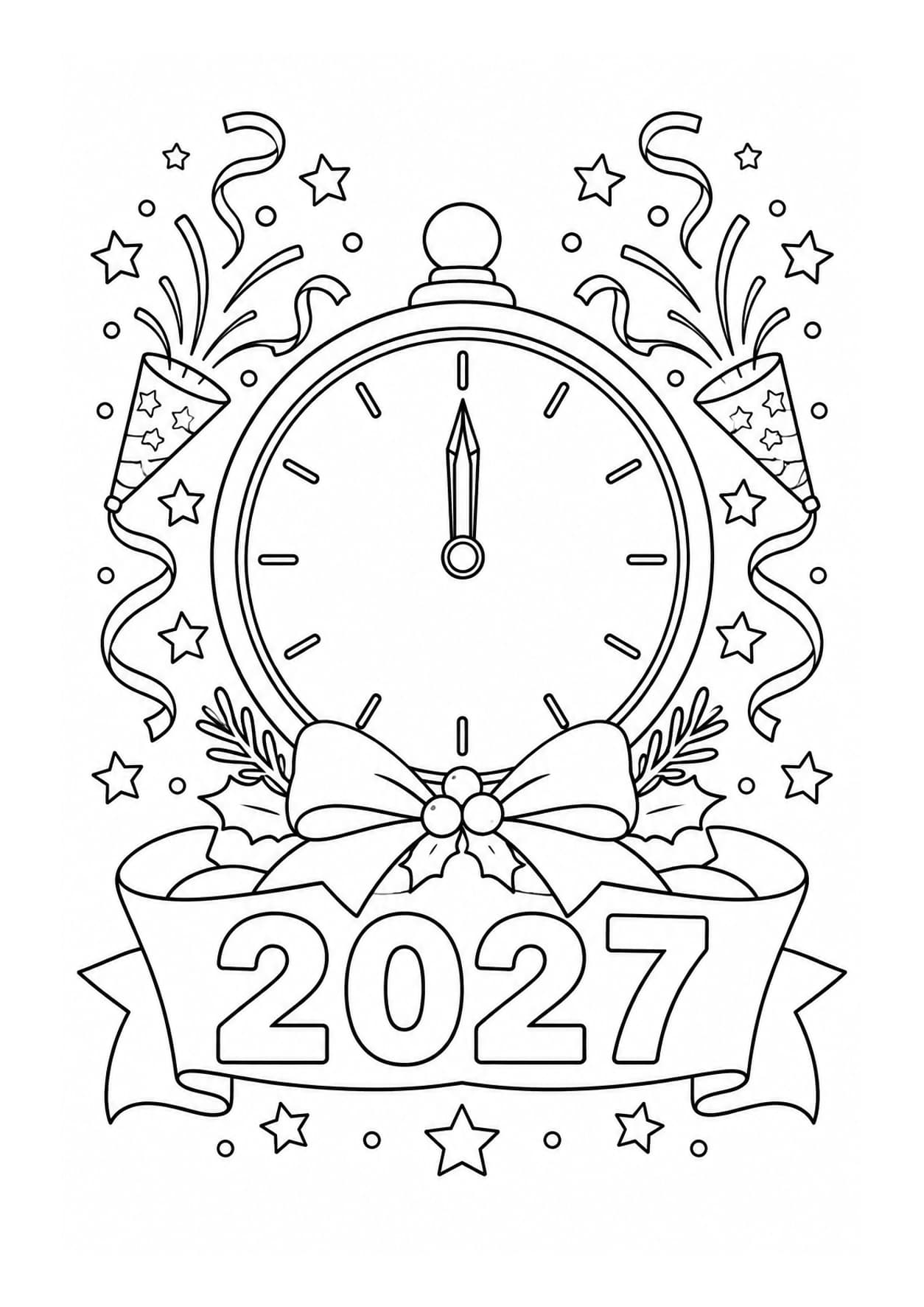 New Year 2027 coloring page with a midnight clock, ribbon and streamers