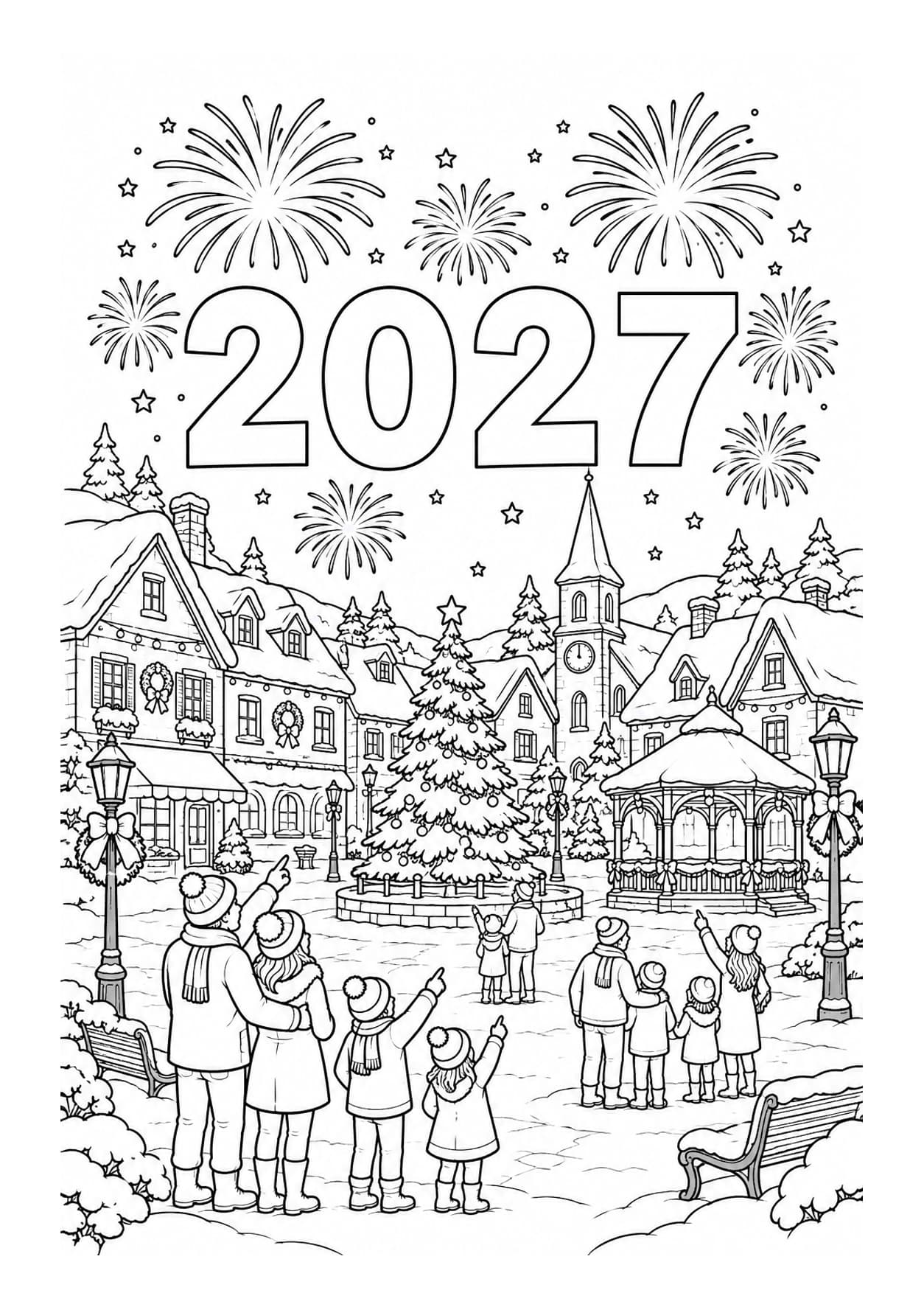 Detailed New Year 2027 coloring page of fireworks over a winter town