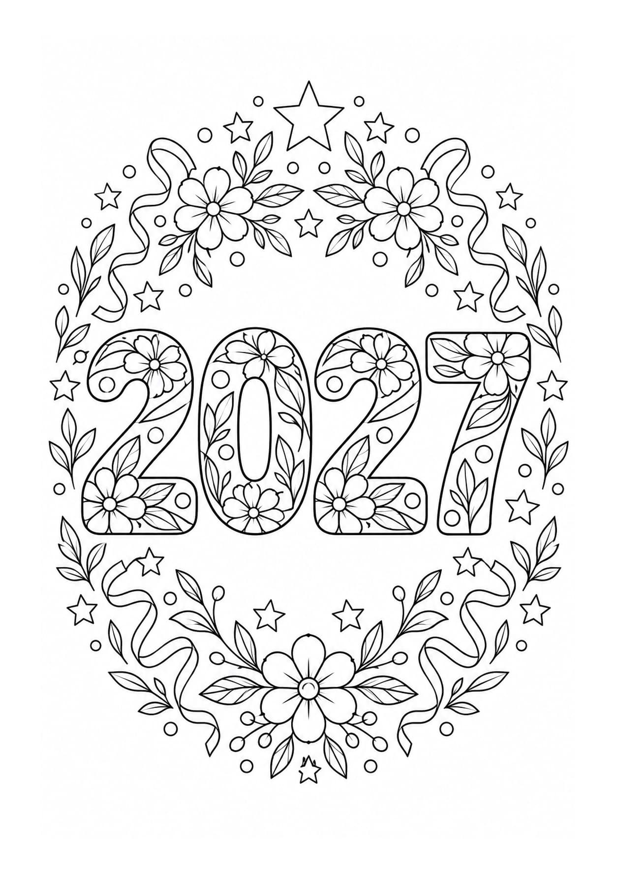 Detailed New Year 2027 coloring page with patterned numbers, flowers and stars