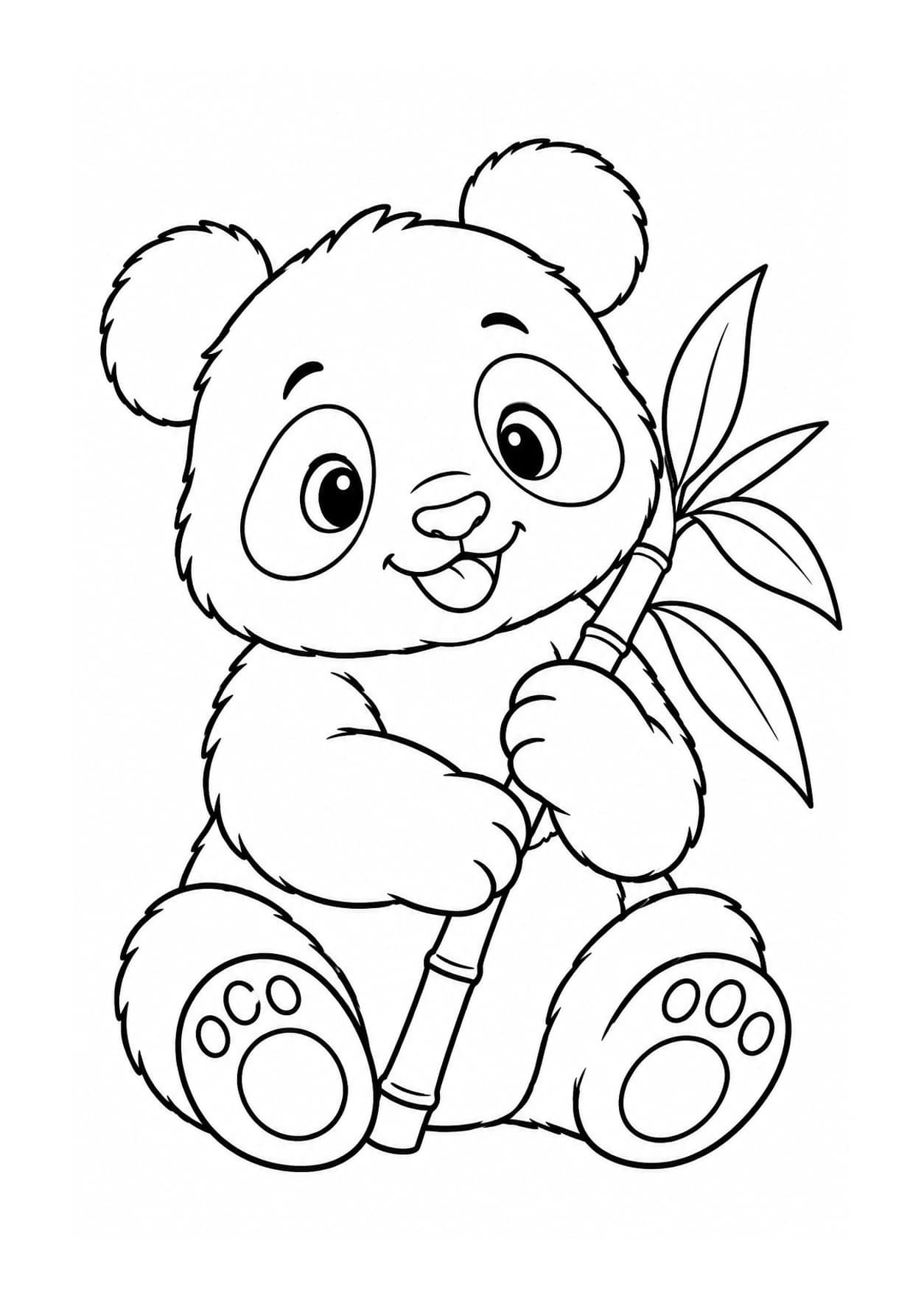 Easy panda coloring page of panda cub holding bamboo