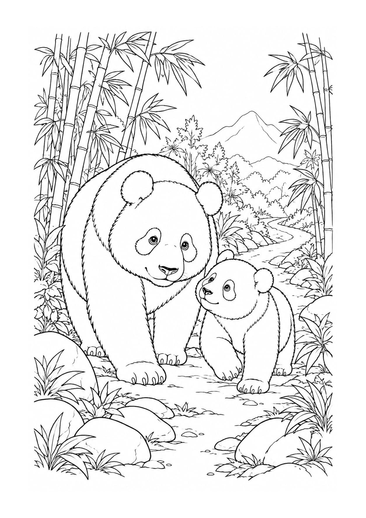 Detailed panda coloring page of panda mother and cub in a bamboo grove