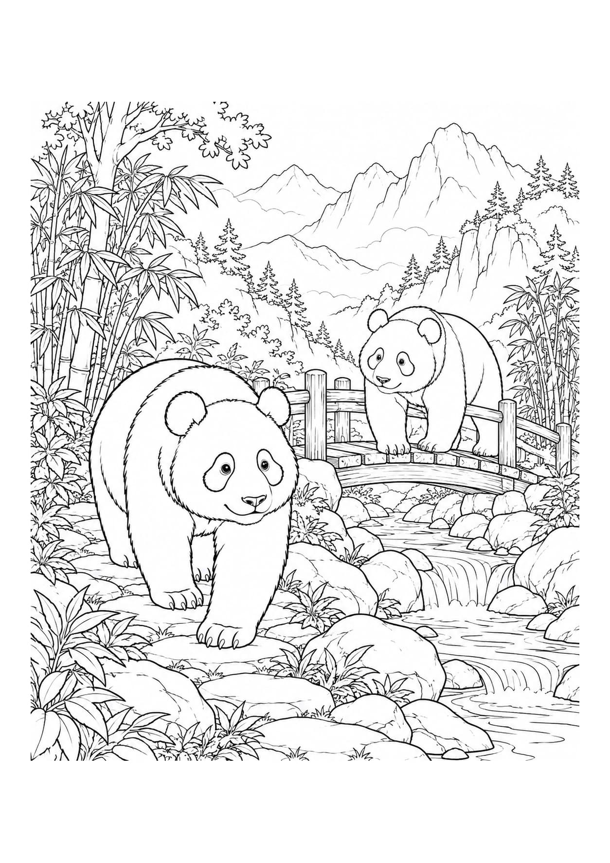 Detailed panda coloring page of pandas on a mountain forest path