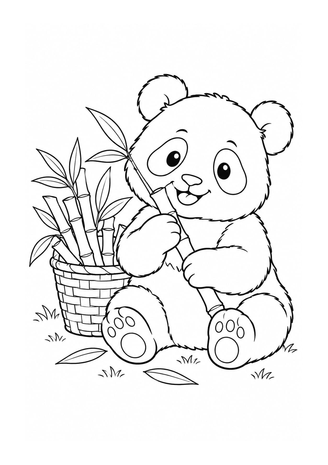 Easy panda coloring page of panda cub with a bamboo basket