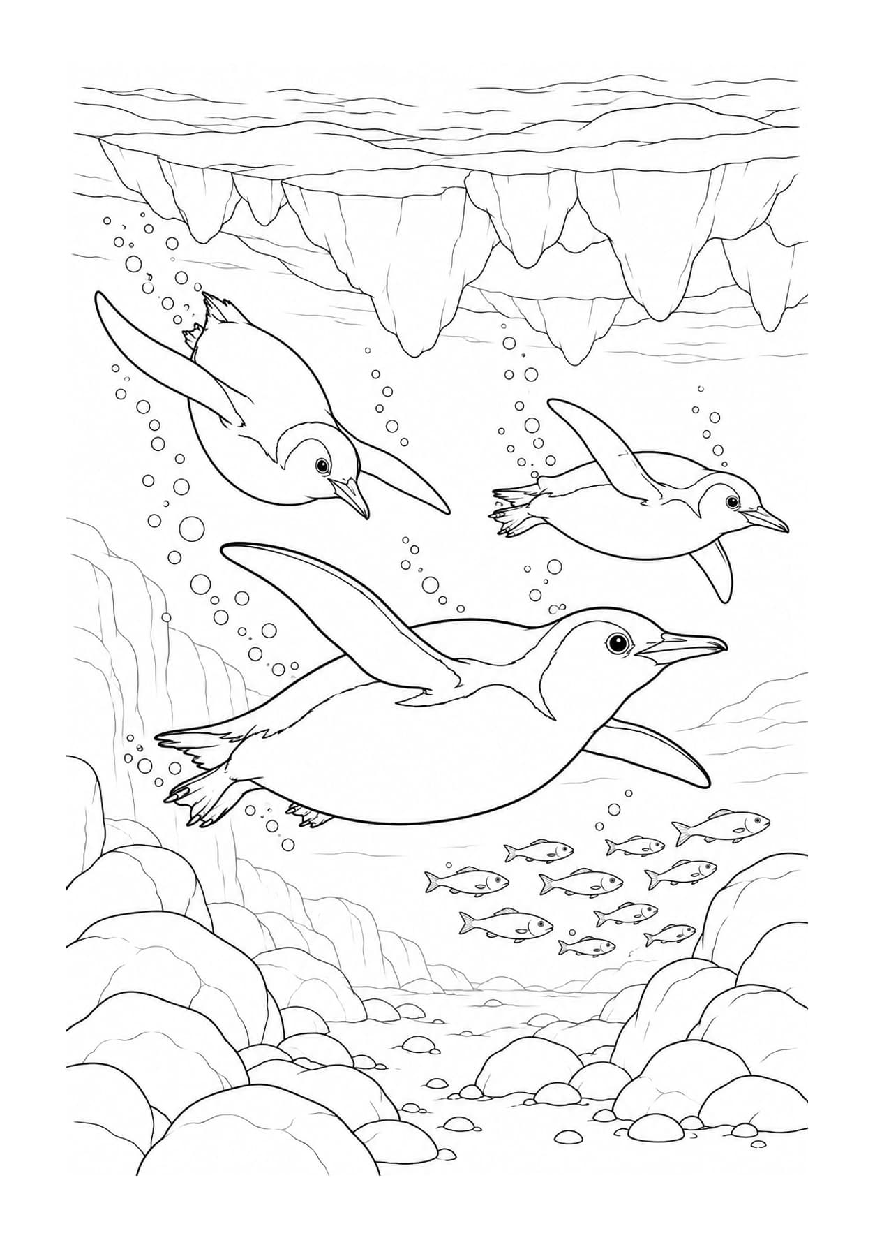 Detailed penguin coloring page of penguins diving beneath the ice
