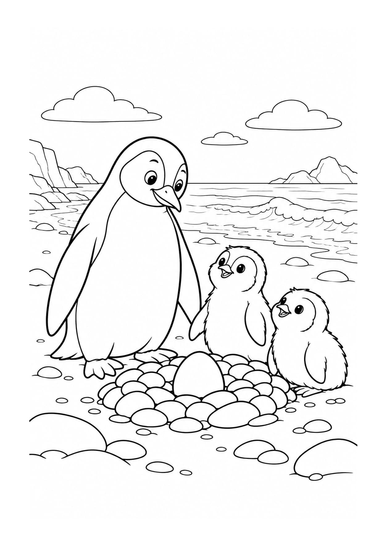 Easy penguin coloring page of penguin beside a pebble nest