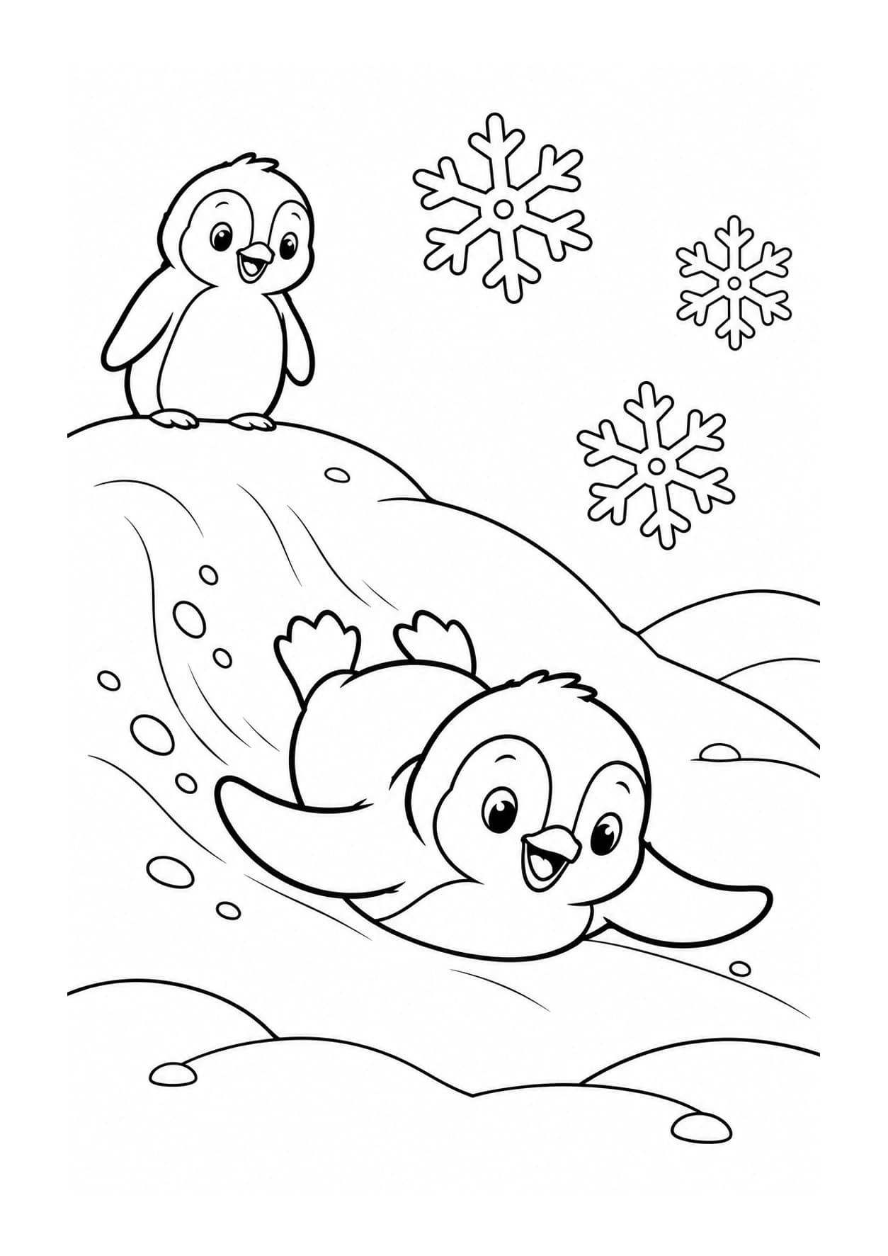 Easy penguin coloring page of a penguin chick on a snow slide