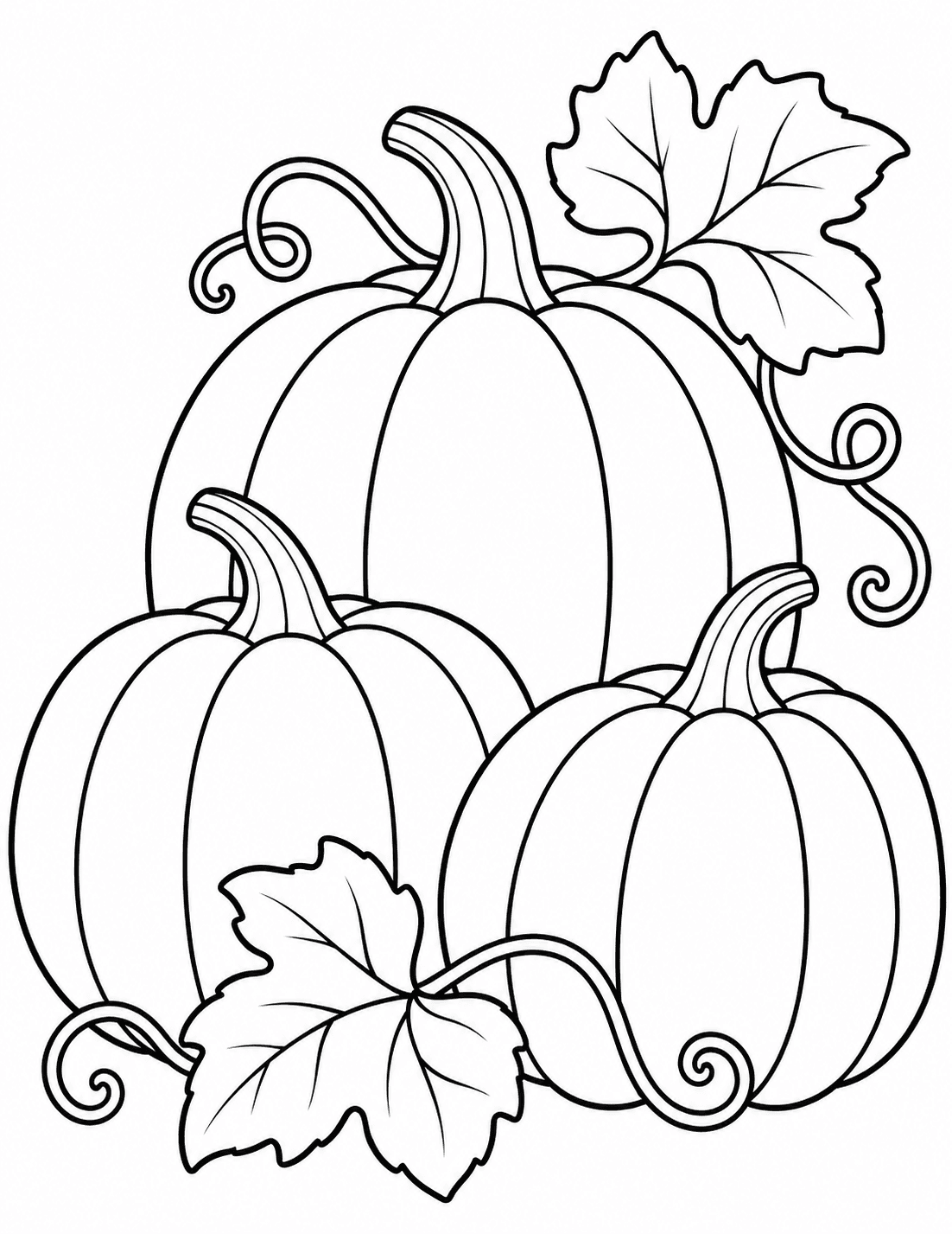 Easy pumpkin coloring page of three uncarved harvest pumpkins with vines and leaves