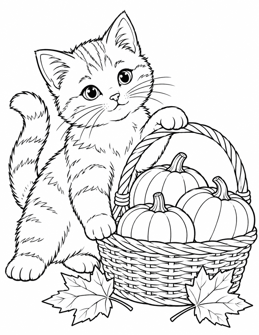 Pumpkin coloring page of a kitten beside a basket of small harvest pumpkins