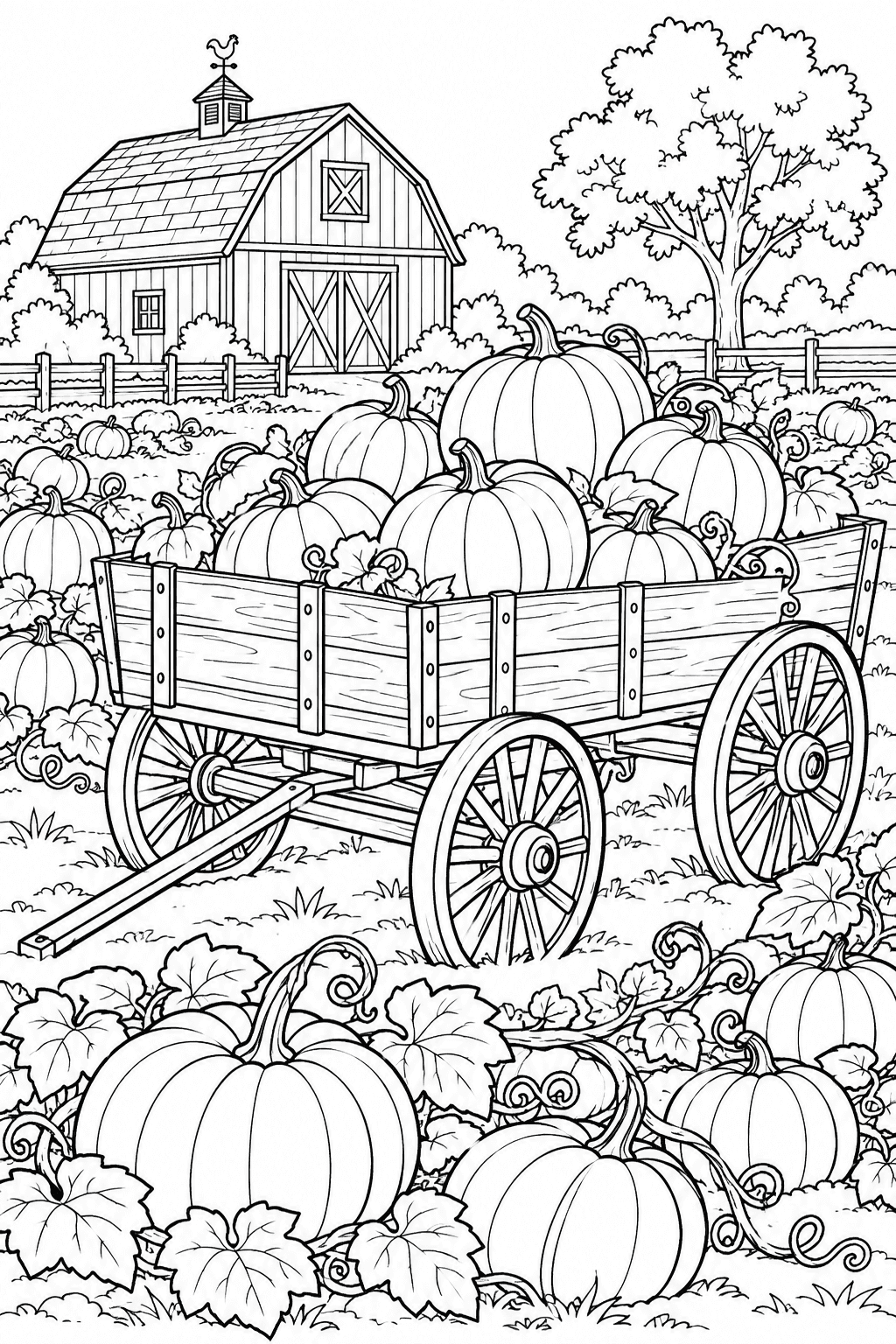 Detailed pumpkin patch coloring page of a harvest wagon, pumpkins and a farm barn