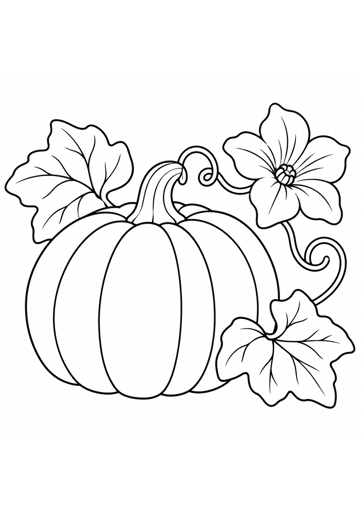 Easy pumpkin coloring page of one large uncarved pumpkin with a blossom