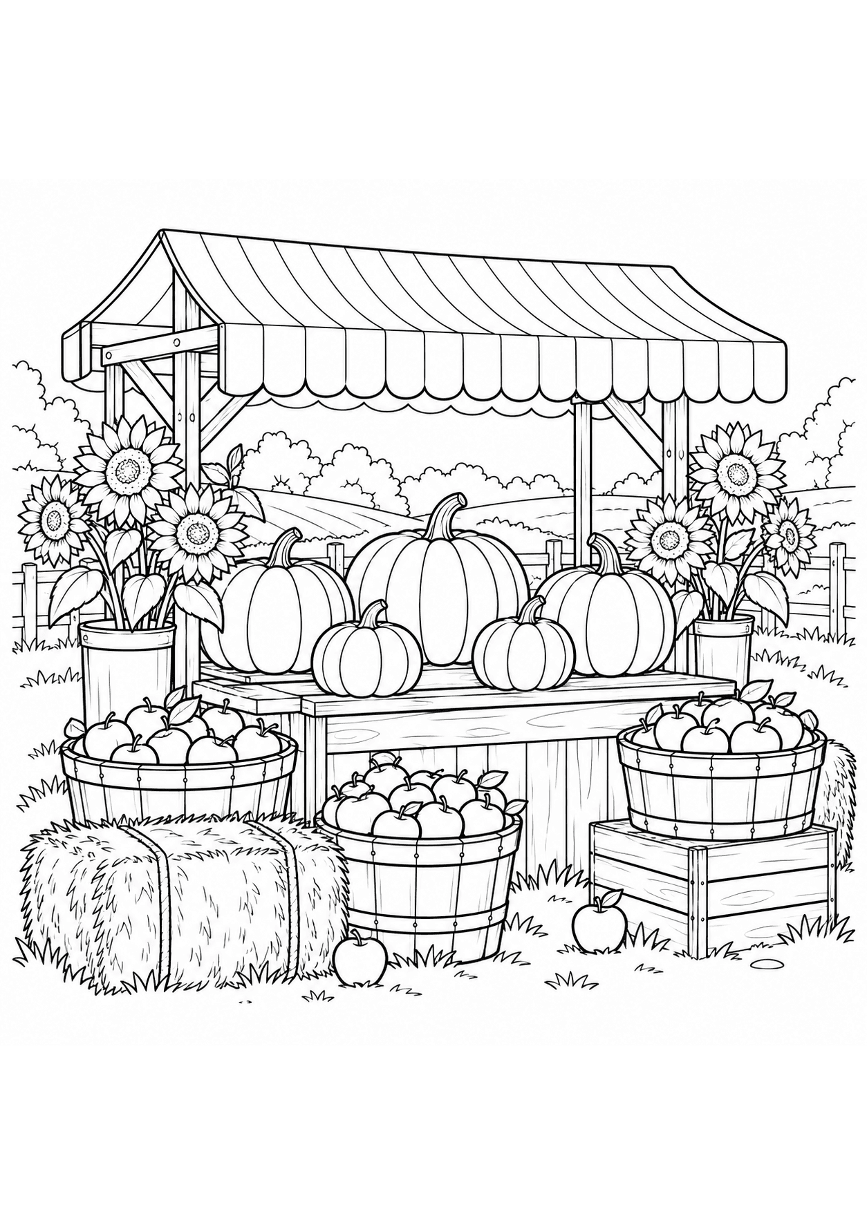 Detailed pumpkin coloring page of a harvest market stall with pumpkins and apples