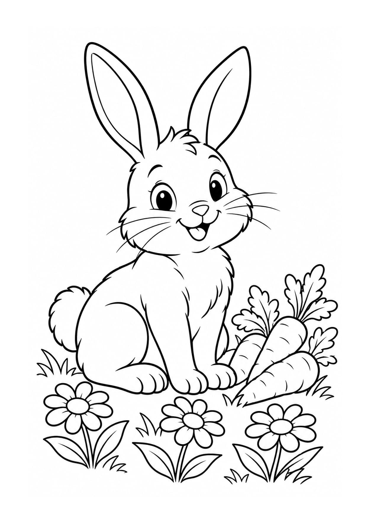 Easy rabbit coloring page of rabbit with carrots and daisies