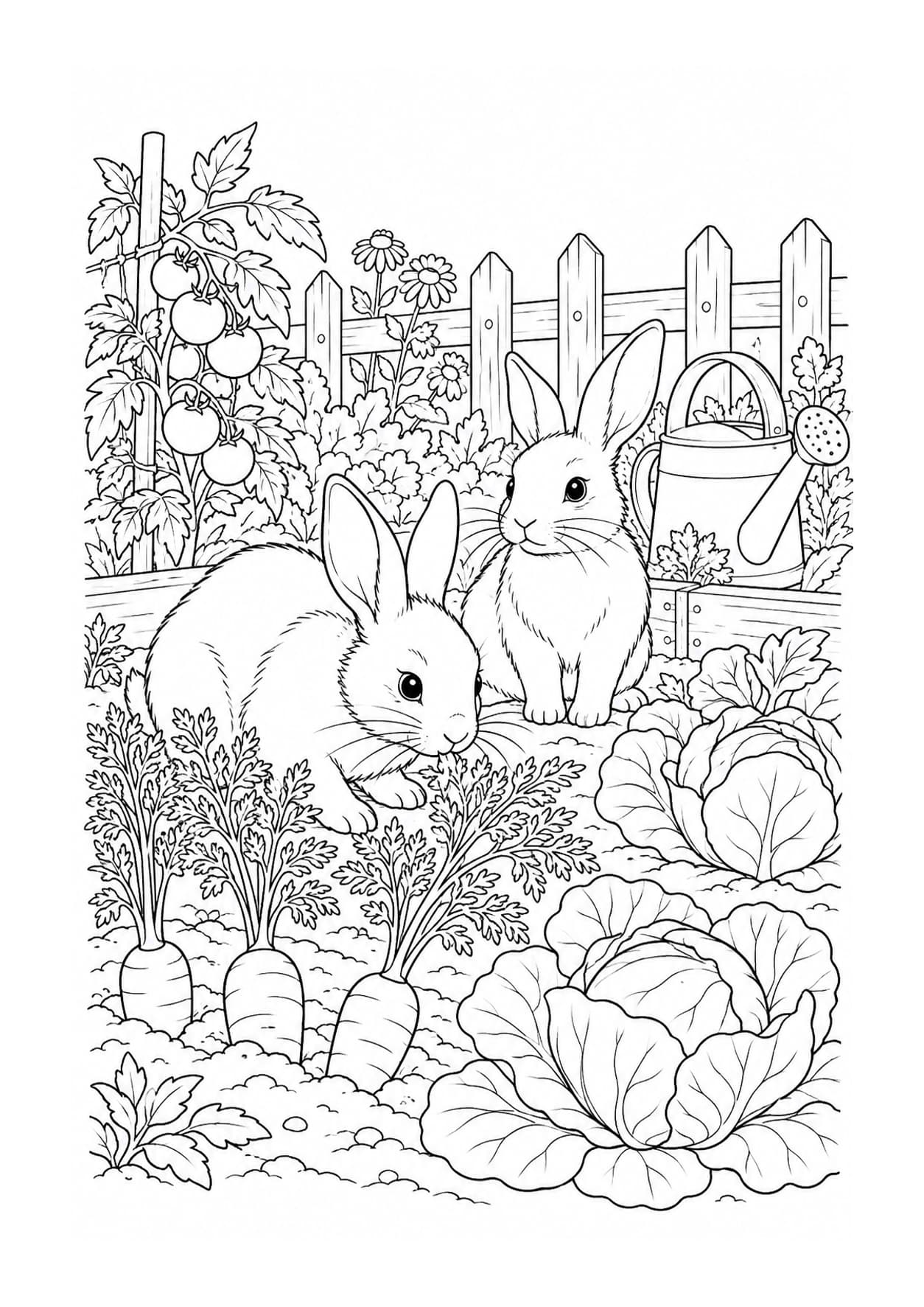 Detailed rabbit coloring page of rabbits exploring a vegetable garden