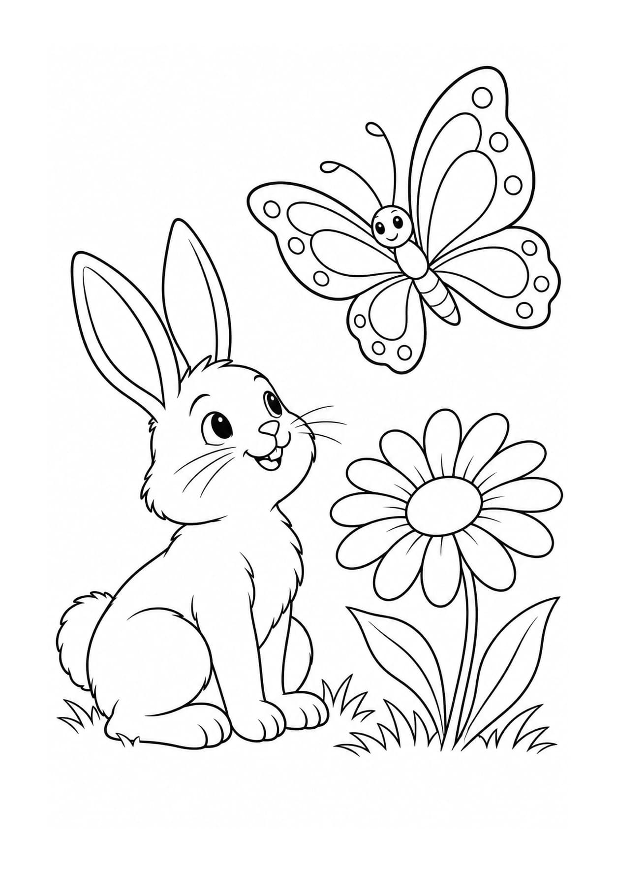 Easy rabbit coloring page of rabbit watching a butterfly