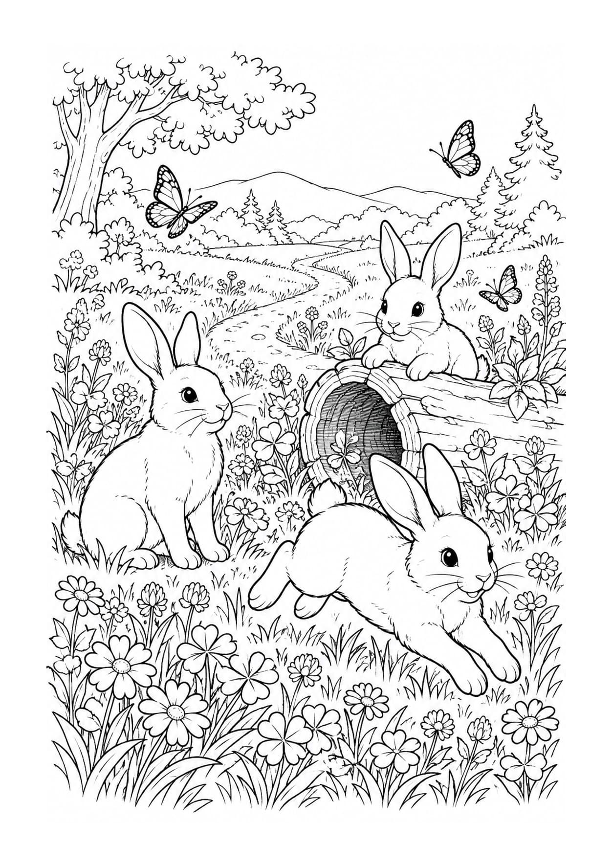 Detailed rabbit coloring page of rabbits in a wildflower meadow