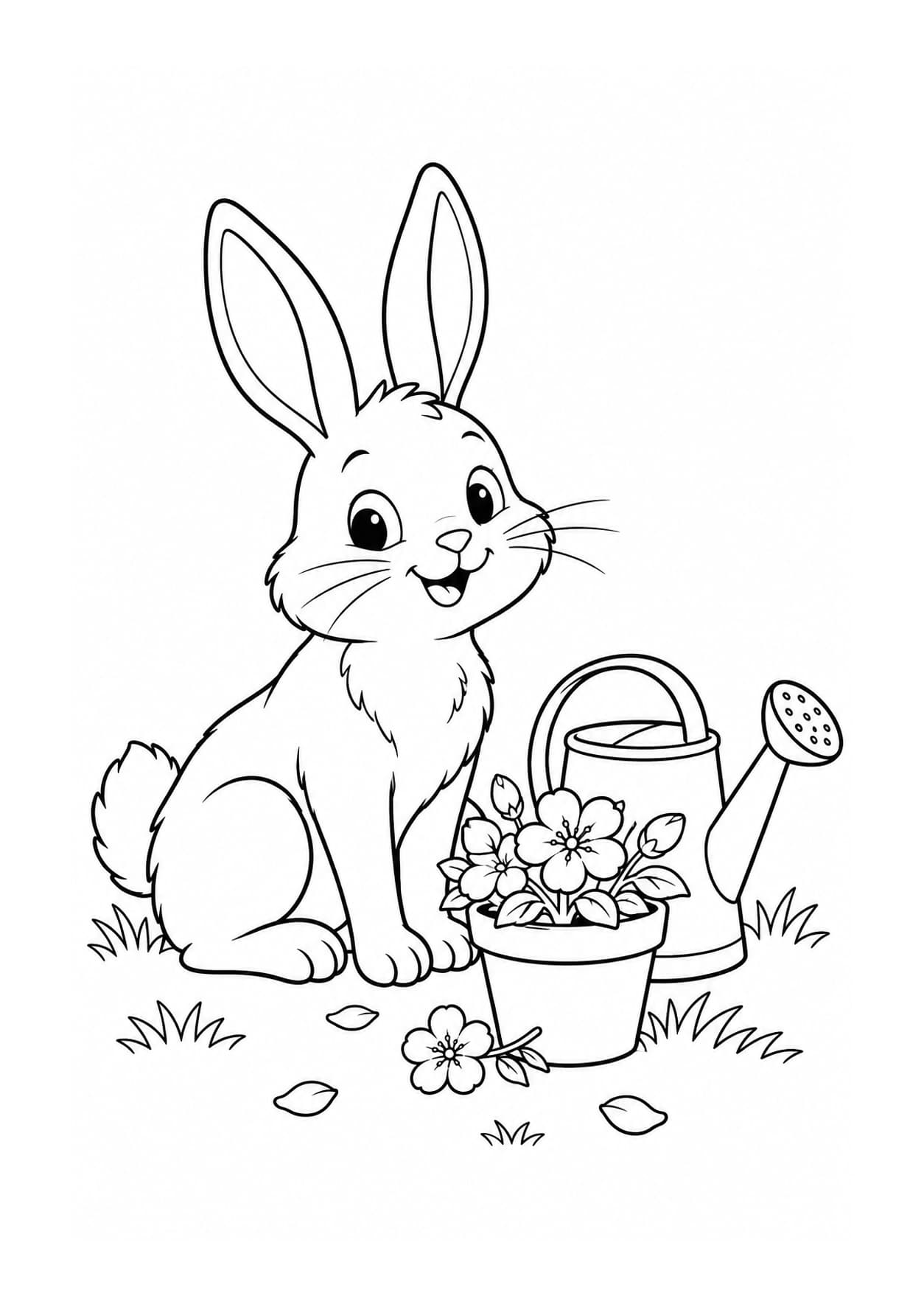 Easy rabbit coloring page of rabbit beside a watering can
