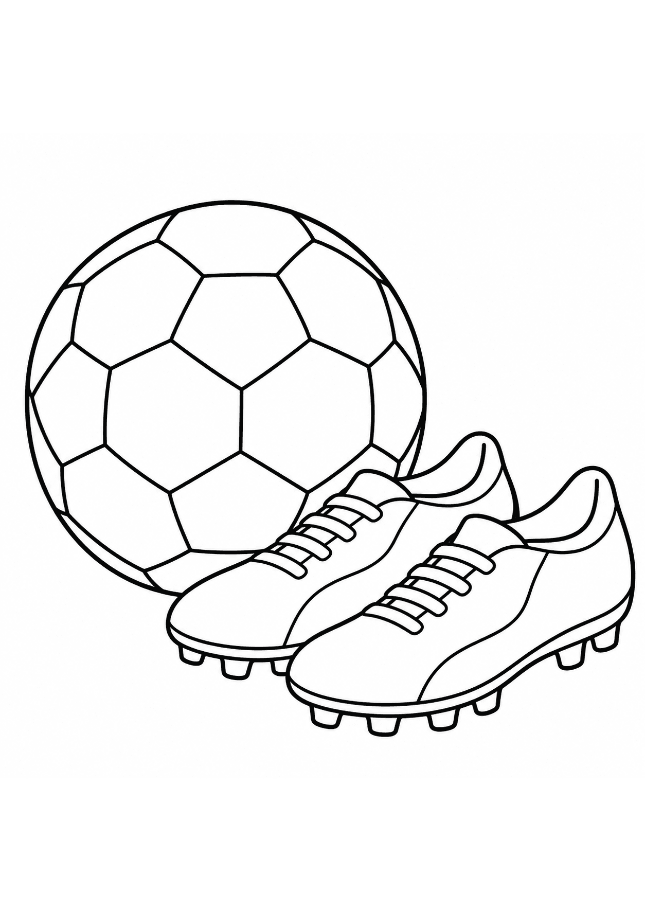 Easy soccer coloring page of a ball beside a pair of cleats