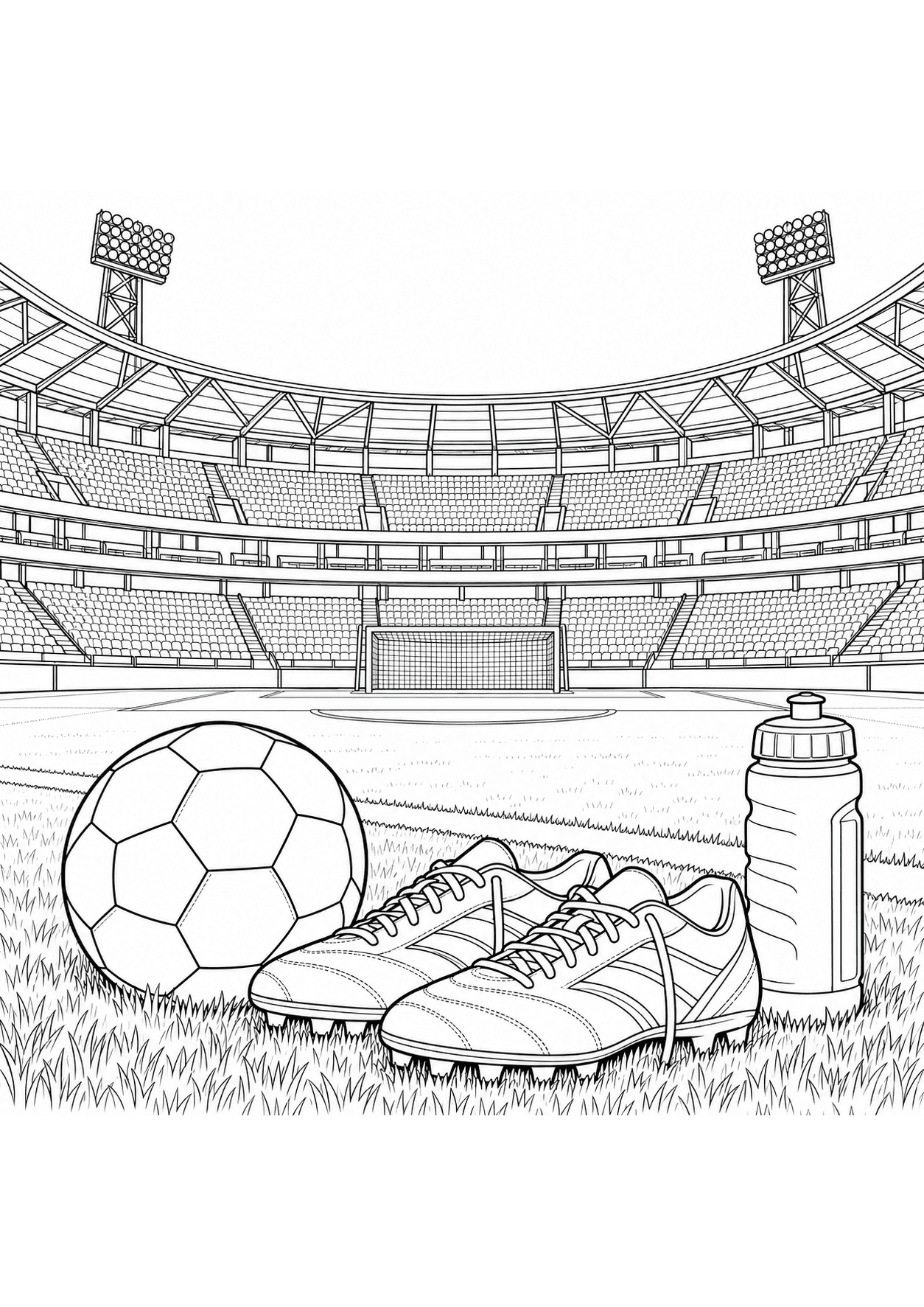 Detailed soccer coloring page of stadium stands, a goal and soccer equipment