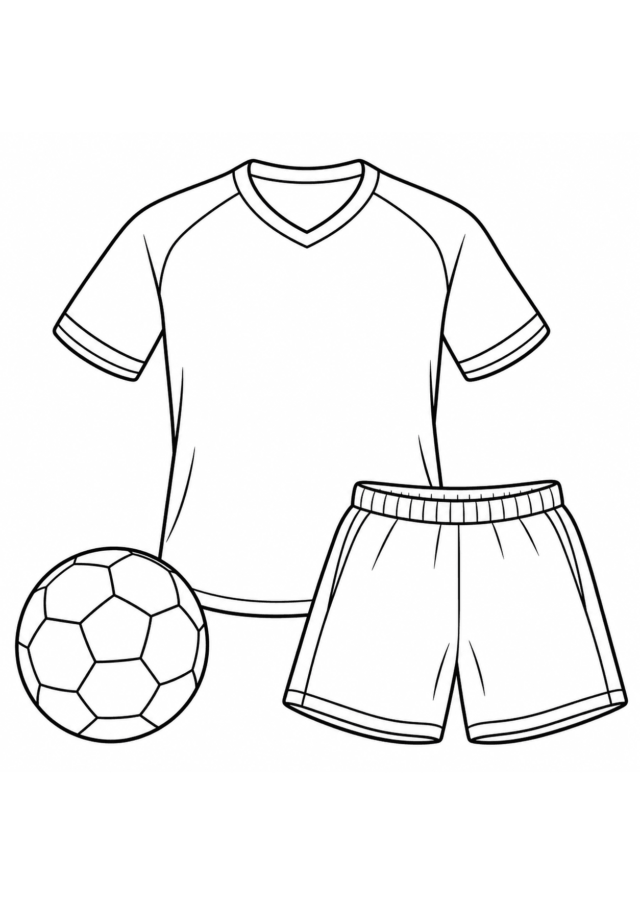 Easy soccer coloring page of a plain jersey and shorts beside a ball