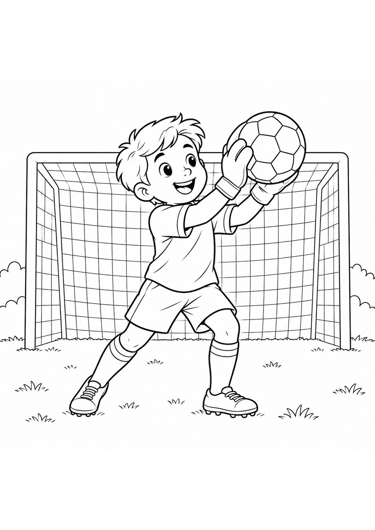Soccer coloring page of a goalkeeper catching a ball
