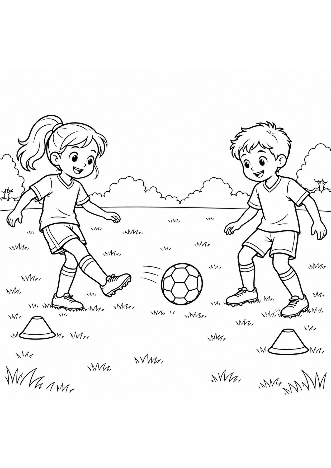 Soccer coloring page of two children practicing a pass