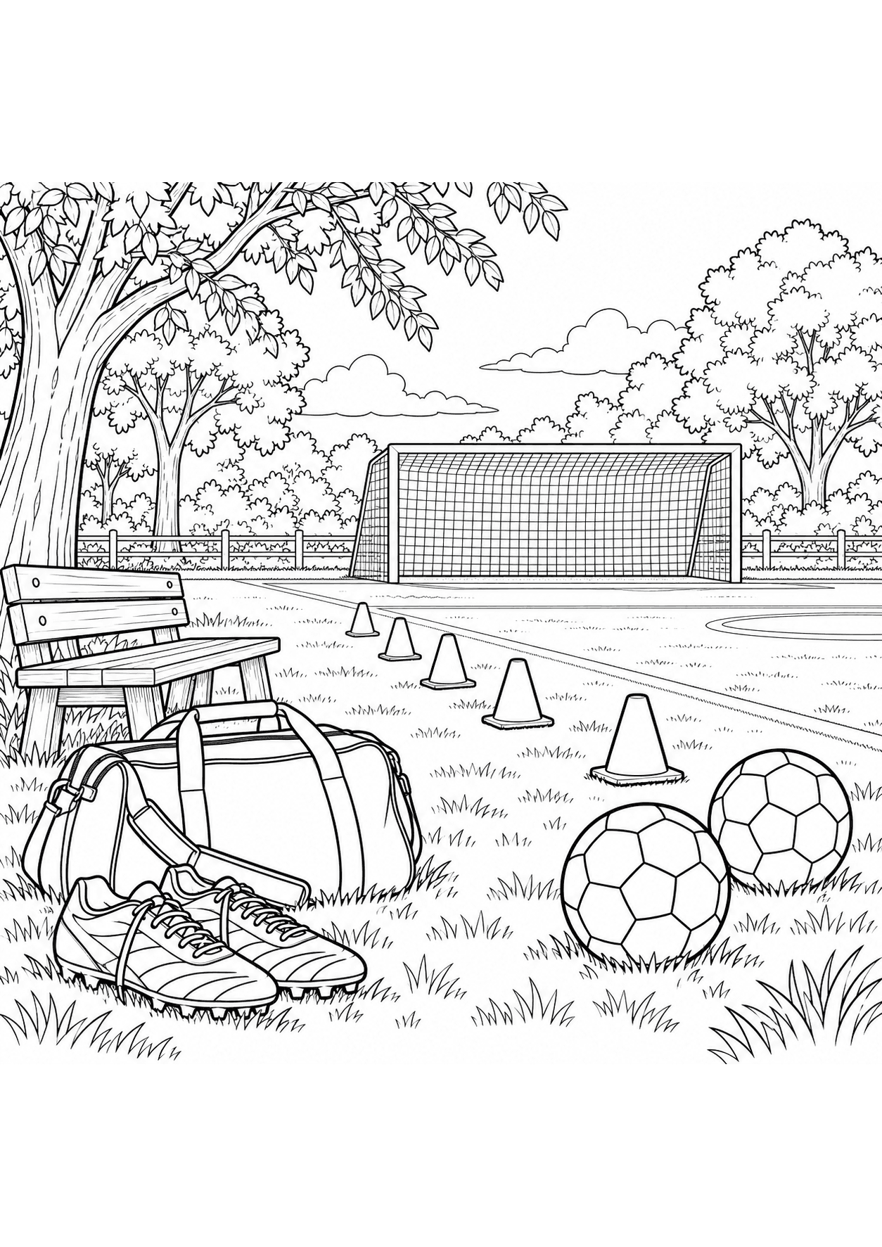 Detailed soccer coloring page of a training field with cones and equipment