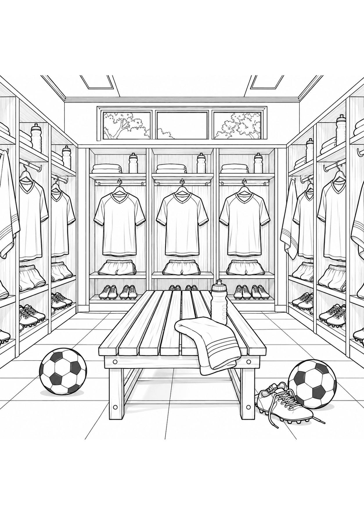 Detailed soccer coloring page of a locker room with jerseys, boots and balls