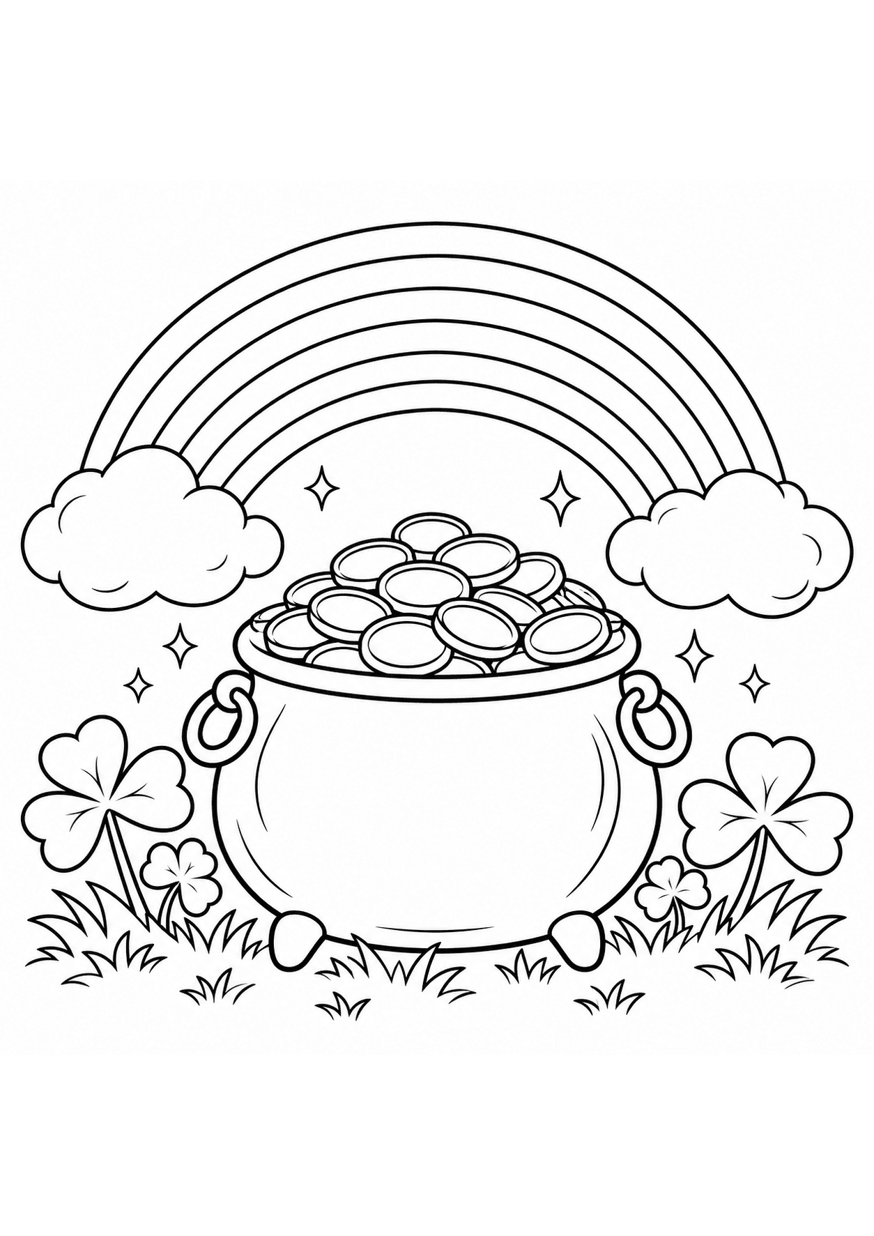 St. Patrick’s Day coloring page of a rainbow over a pot of gold and shamrocks