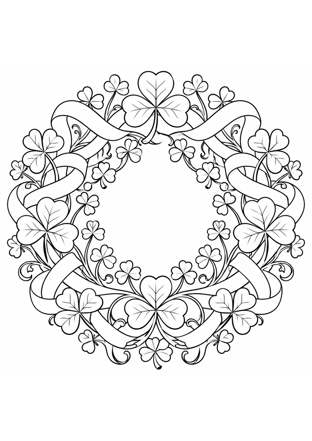 Detailed St. Patrick’s Day coloring page of a circular shamrock and ribbon pattern