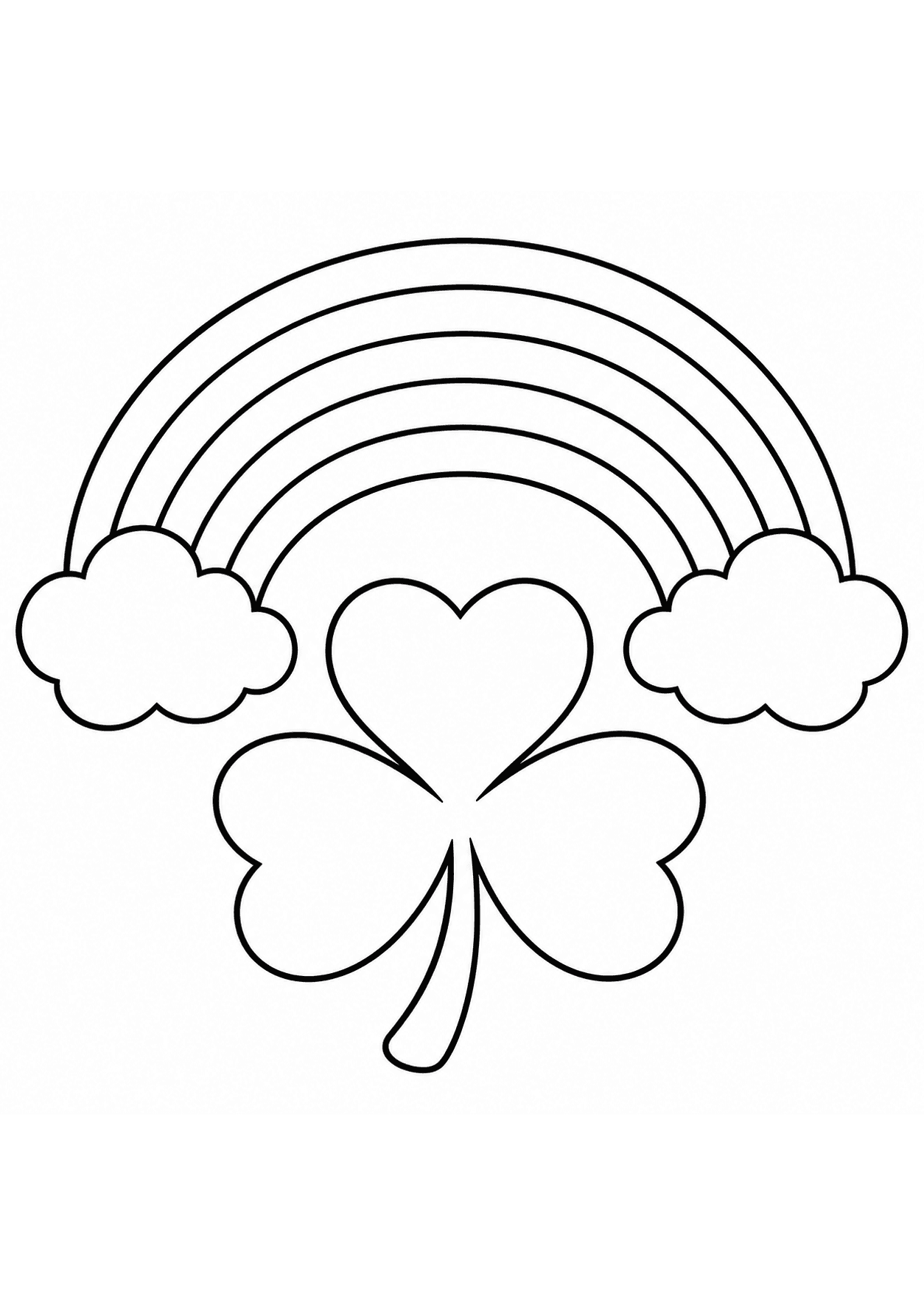 Easy St. Patrick’s Day coloring page of a rainbow between clouds and a shamrock