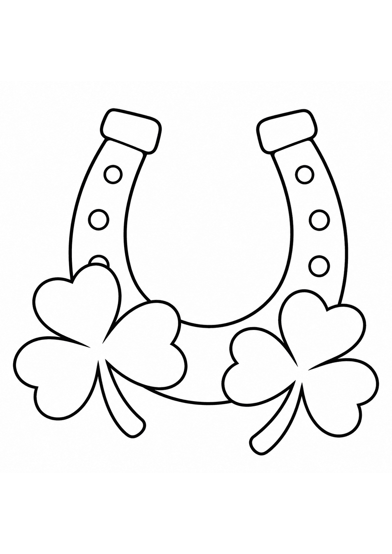 Easy St. Patrick’s Day coloring page of a horseshoe beside clovers