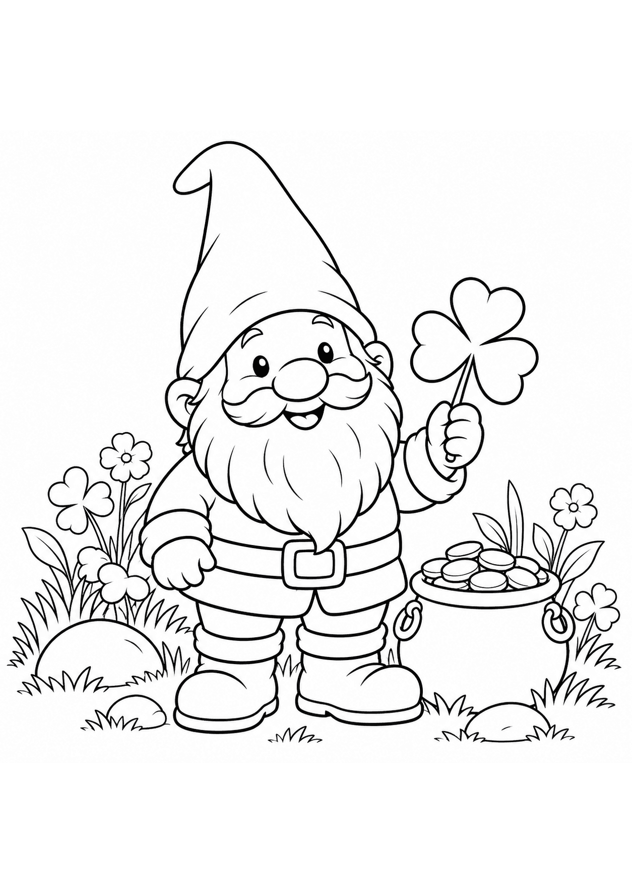 St. Patrick’s Day coloring page of a garden gnome holding a clover