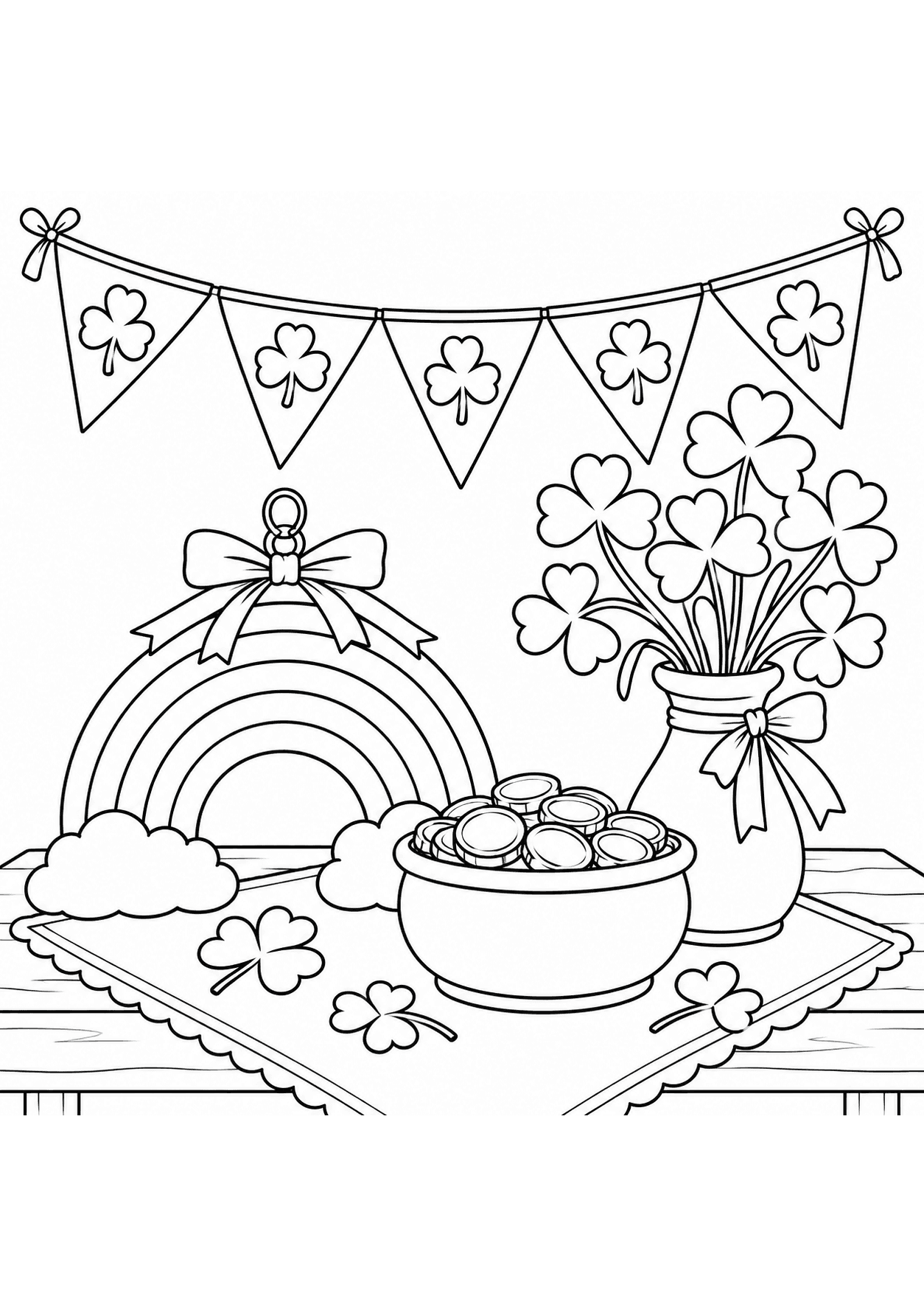 St. Patrick’s Day coloring page of clover bunting above a rainbow and coins