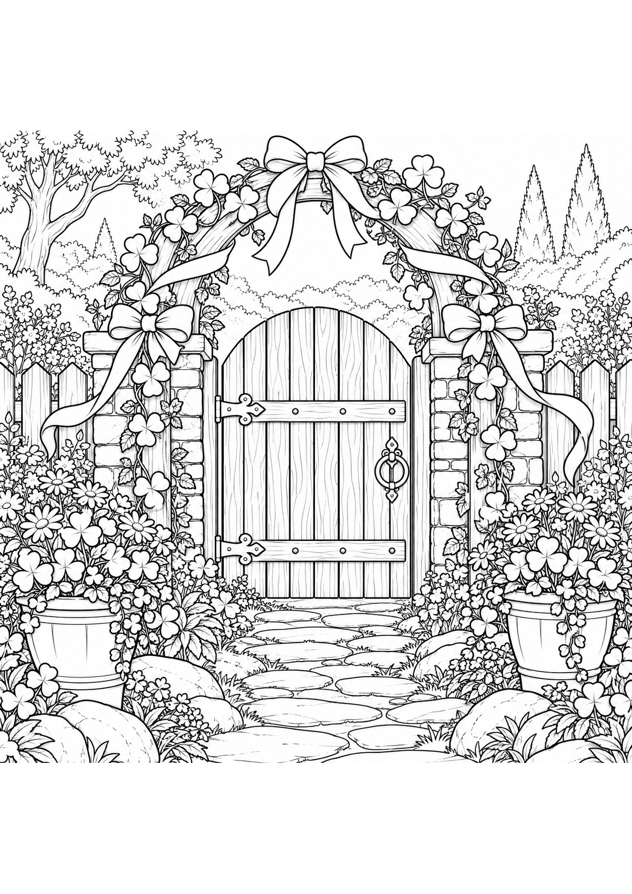 Detailed St. Patrick’s Day coloring page of a garden gate with clovers and ribbons
