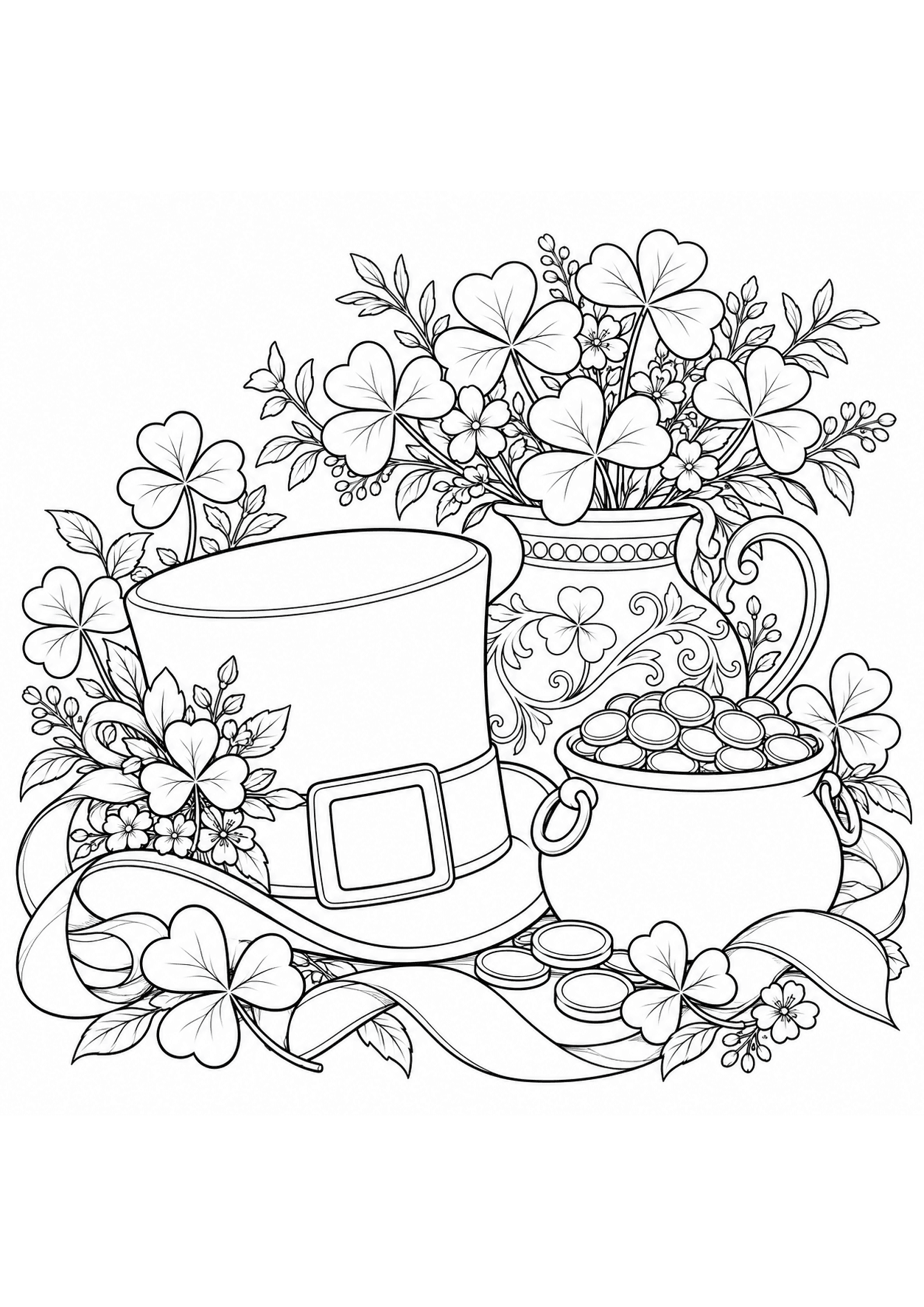 Detailed St. Patrick’s Day coloring page of a festive hat, clovers and ribbons