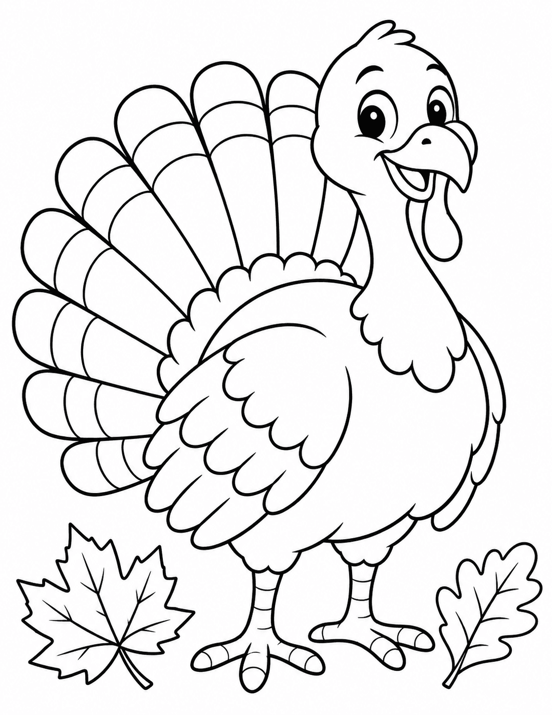 Easy Thanksgiving coloring page of a friendly turkey with large fan-shaped tail feathers