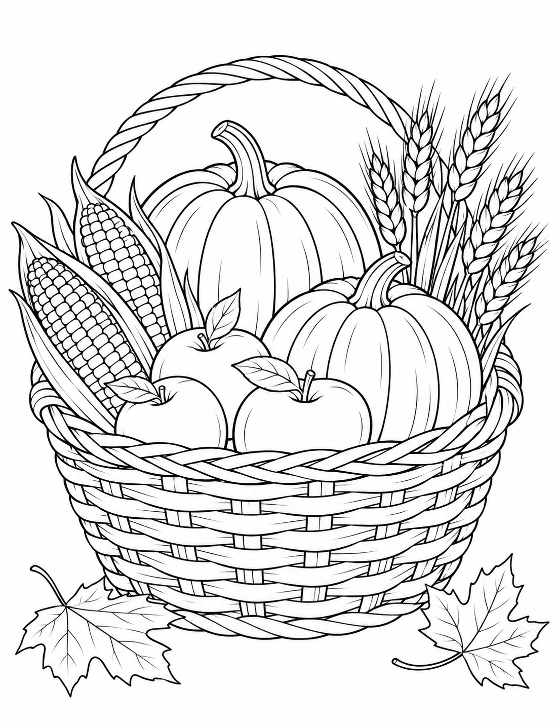Thanksgiving coloring page of a harvest basket with pumpkins, corn, apples and wheat