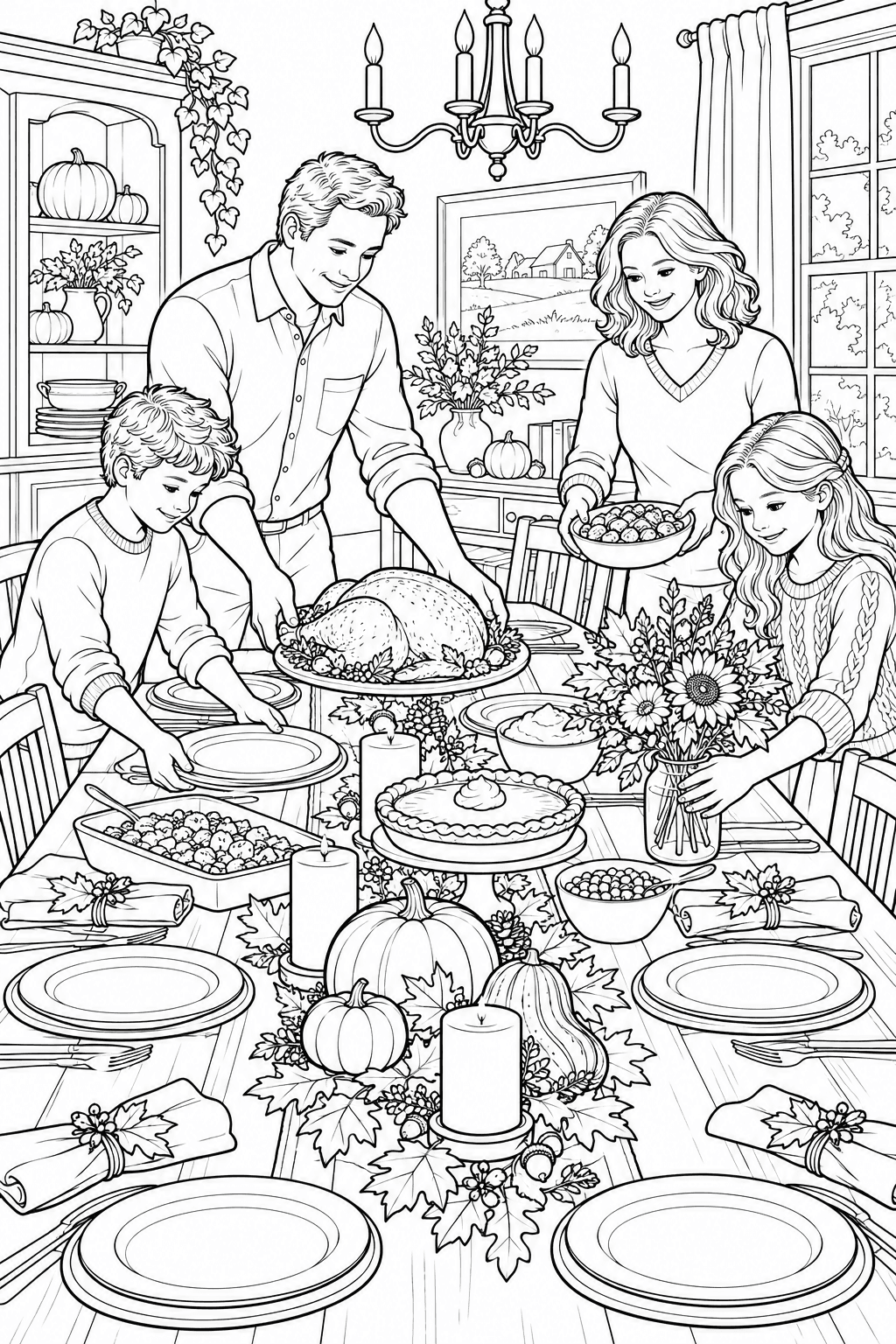Detailed Thanksgiving coloring page of a family preparing a table with autumn decorations and food
