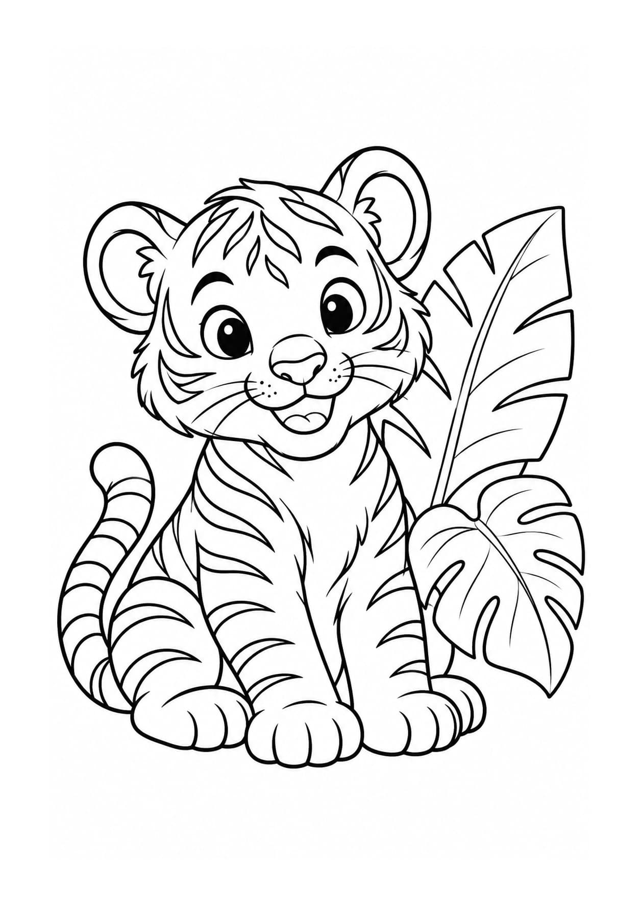 Easy tiger coloring page of tiger cub beside jungle leaves