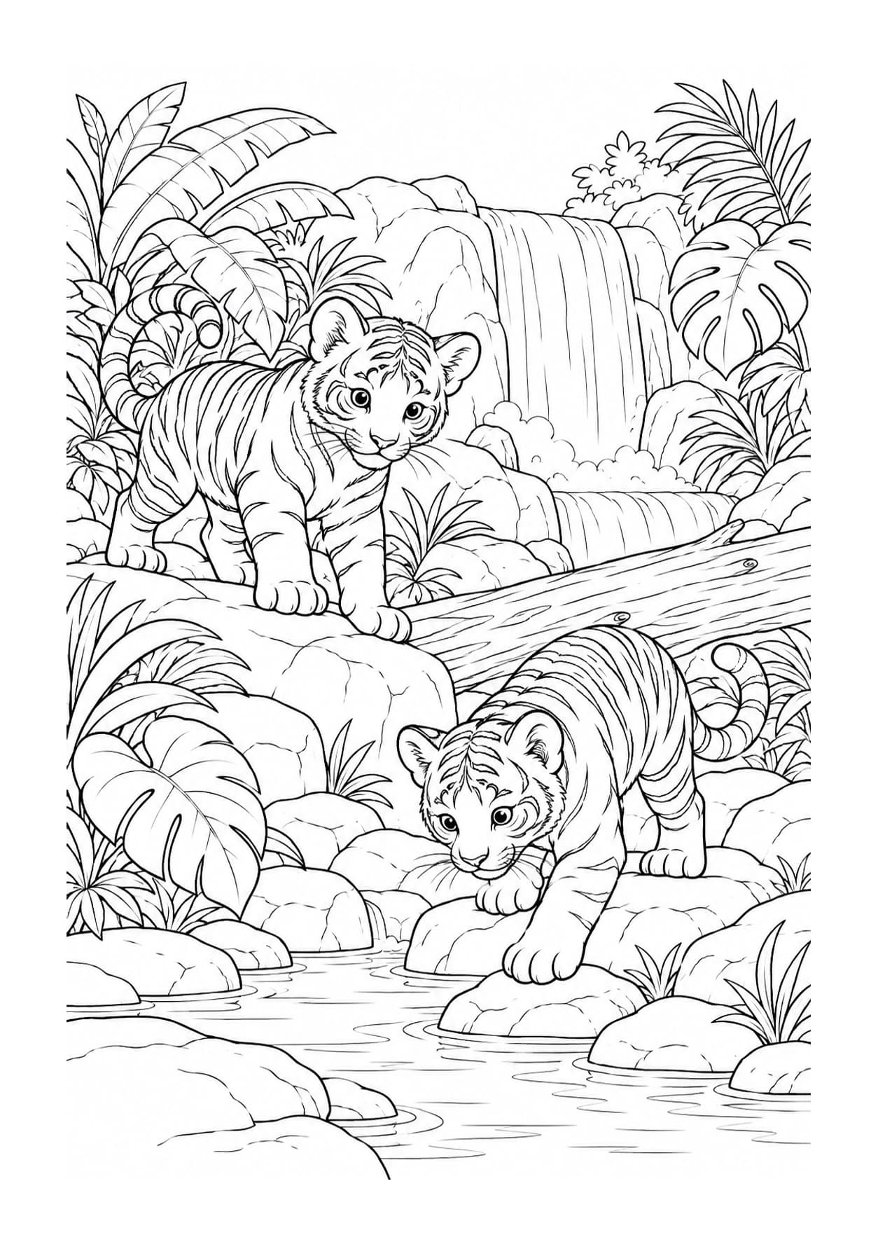 Detailed tiger coloring page of tigers beside a jungle waterfall