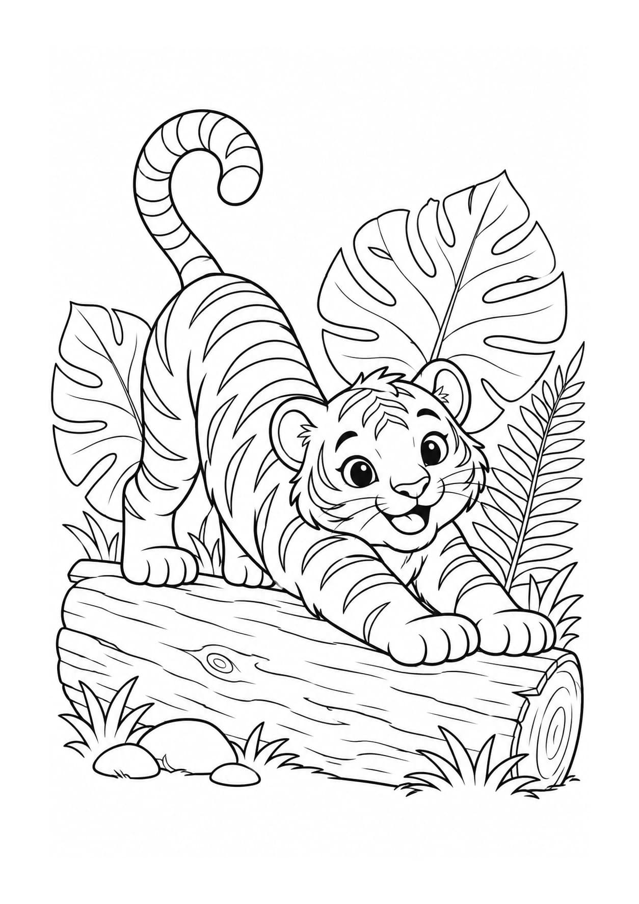 Easy tiger coloring page of tiger cub stretching on a log