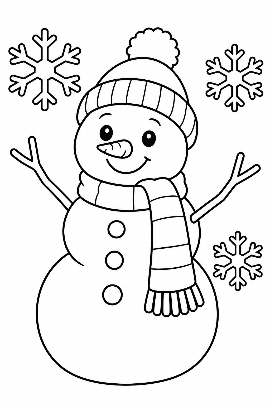 Easy winter coloring page of a smiling snowman wearing a hat and scarf beside large snowflakes