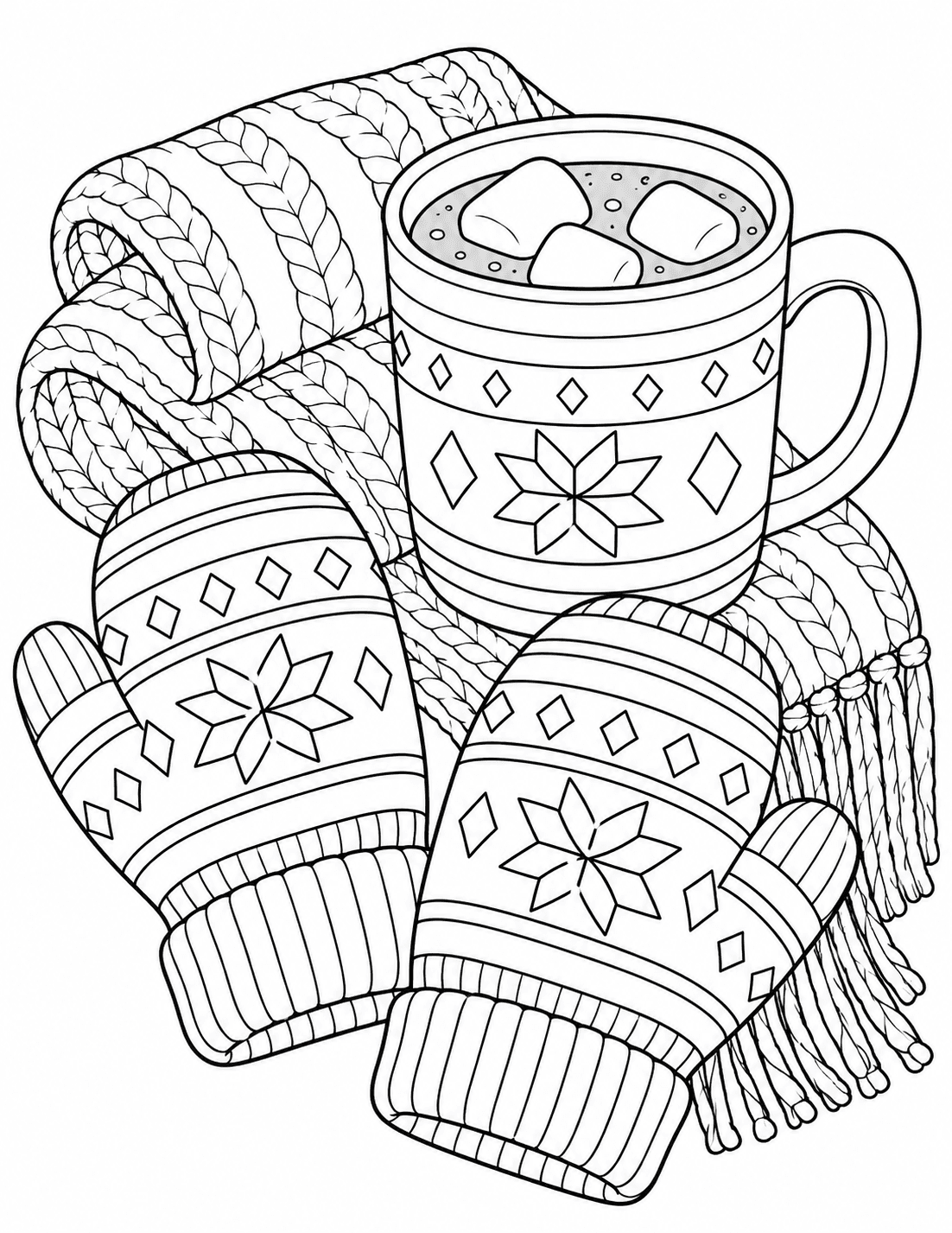 Winter coloring page of patterned mittens beside a mug of cocoa and a knitted scarf